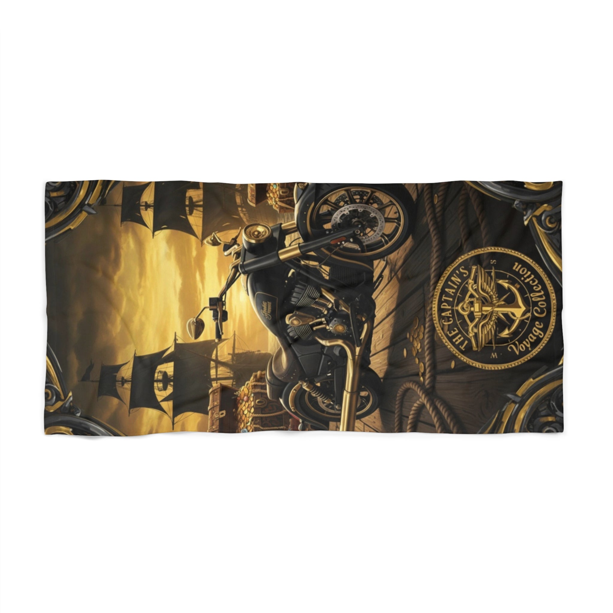 Vintage Motorcycle Beach Towel — Biker Skull & Compass Sunset Design