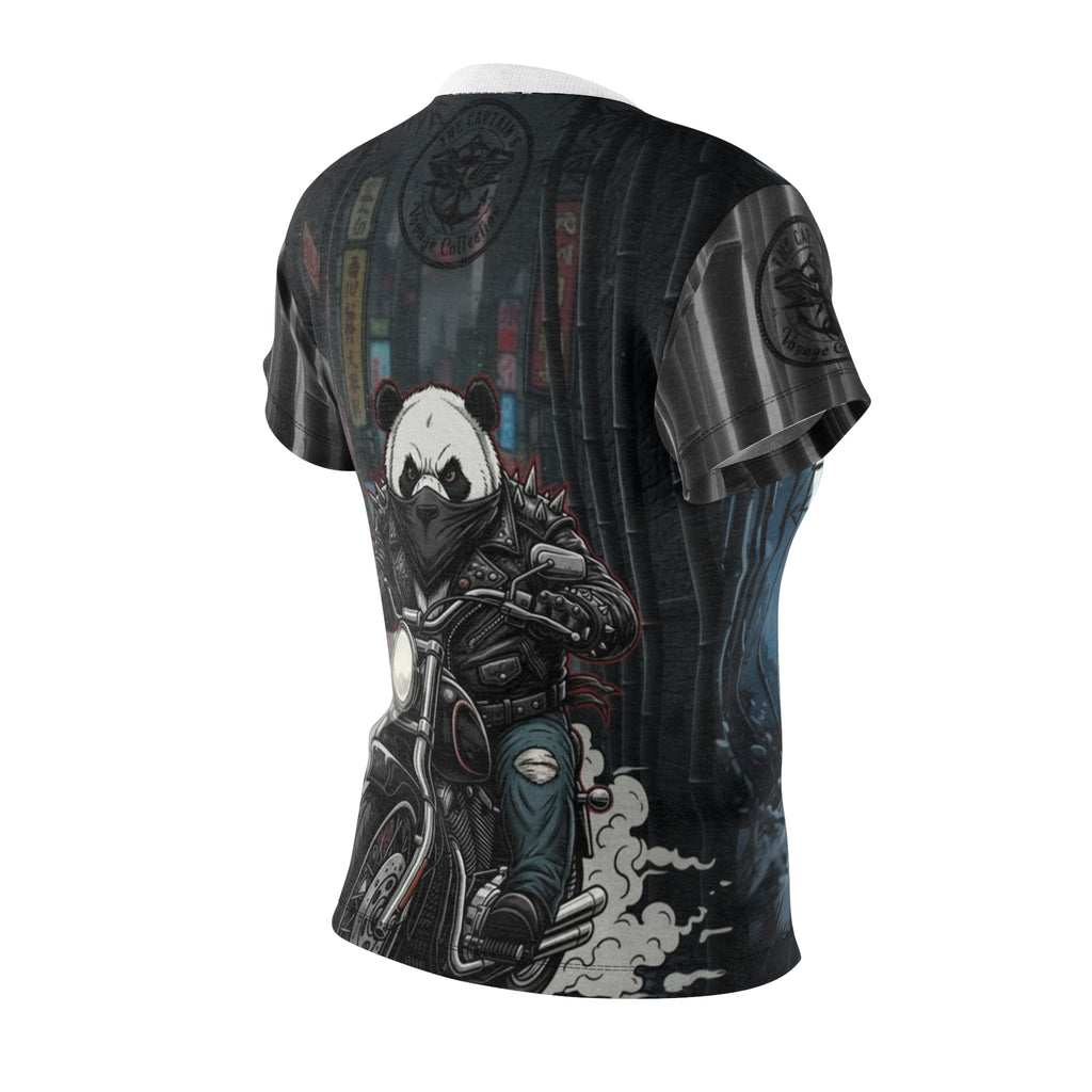 Panda Biker Women's Tee — Moonlit Motorcycle Graphic All-Over Print
