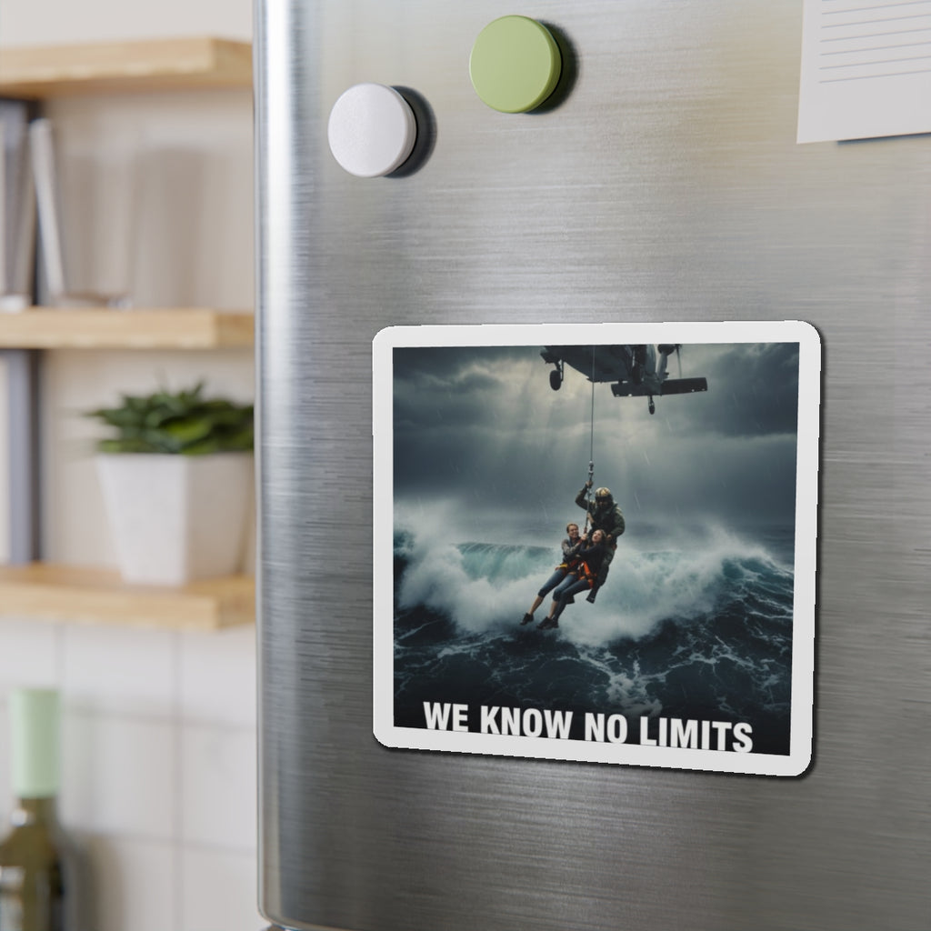 Rescue Helicopter Die-Cut Magnet — 'We Know No Limits' Ocean Rescue Design