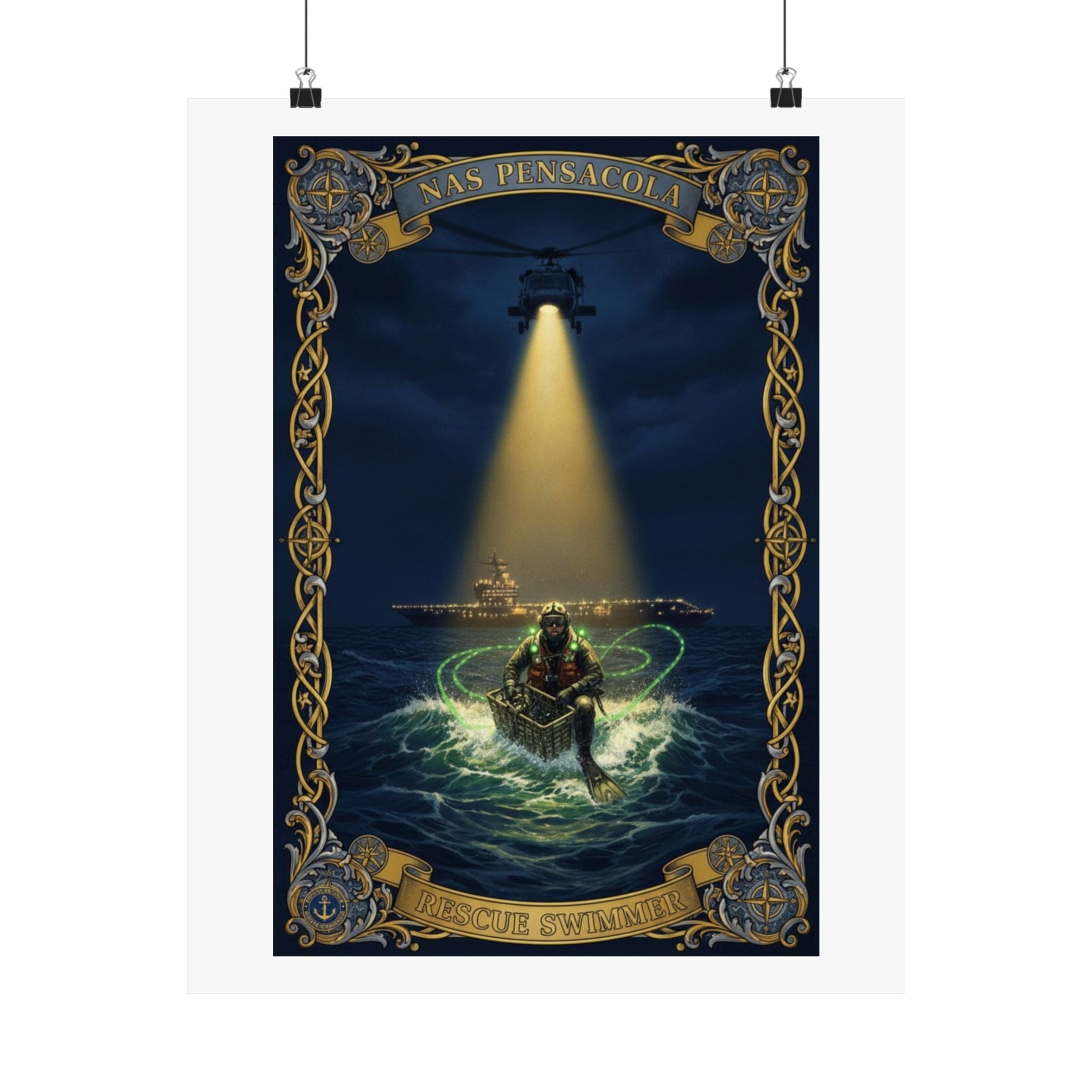Nautical Rescue Matte Poster — Lighthouse Search & Shipwreck Scene