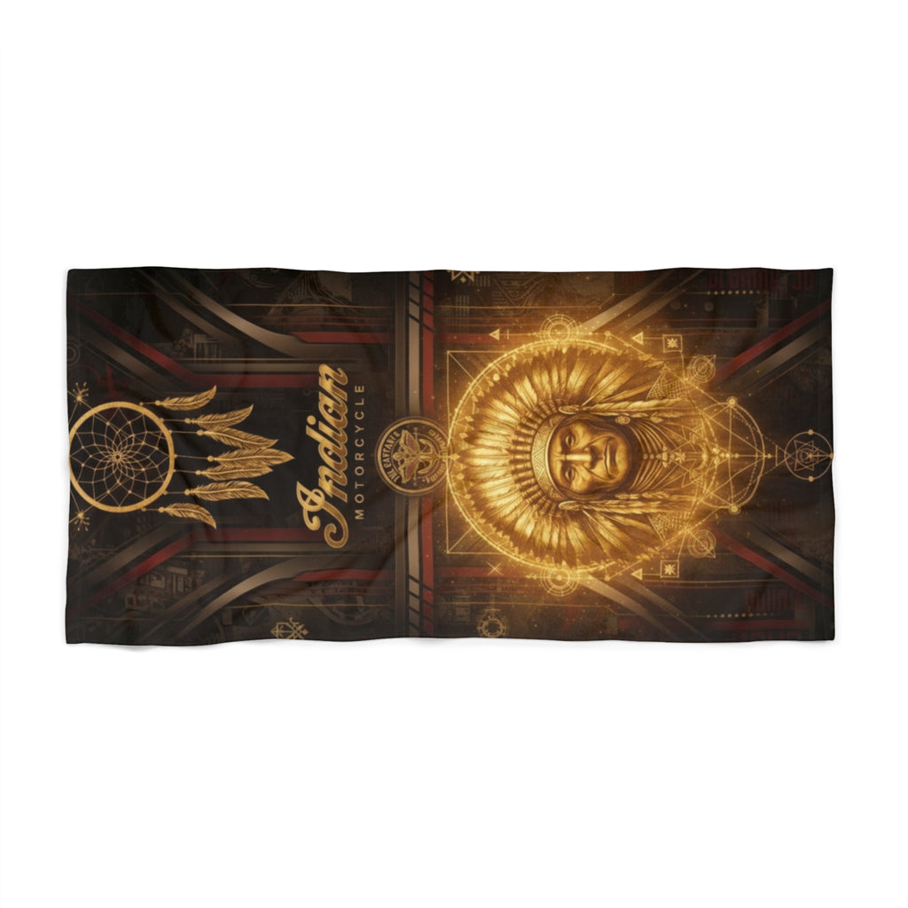 Indian Motorcycle Inspired Golden Chief Beach Towel with Dreamcatcher Design