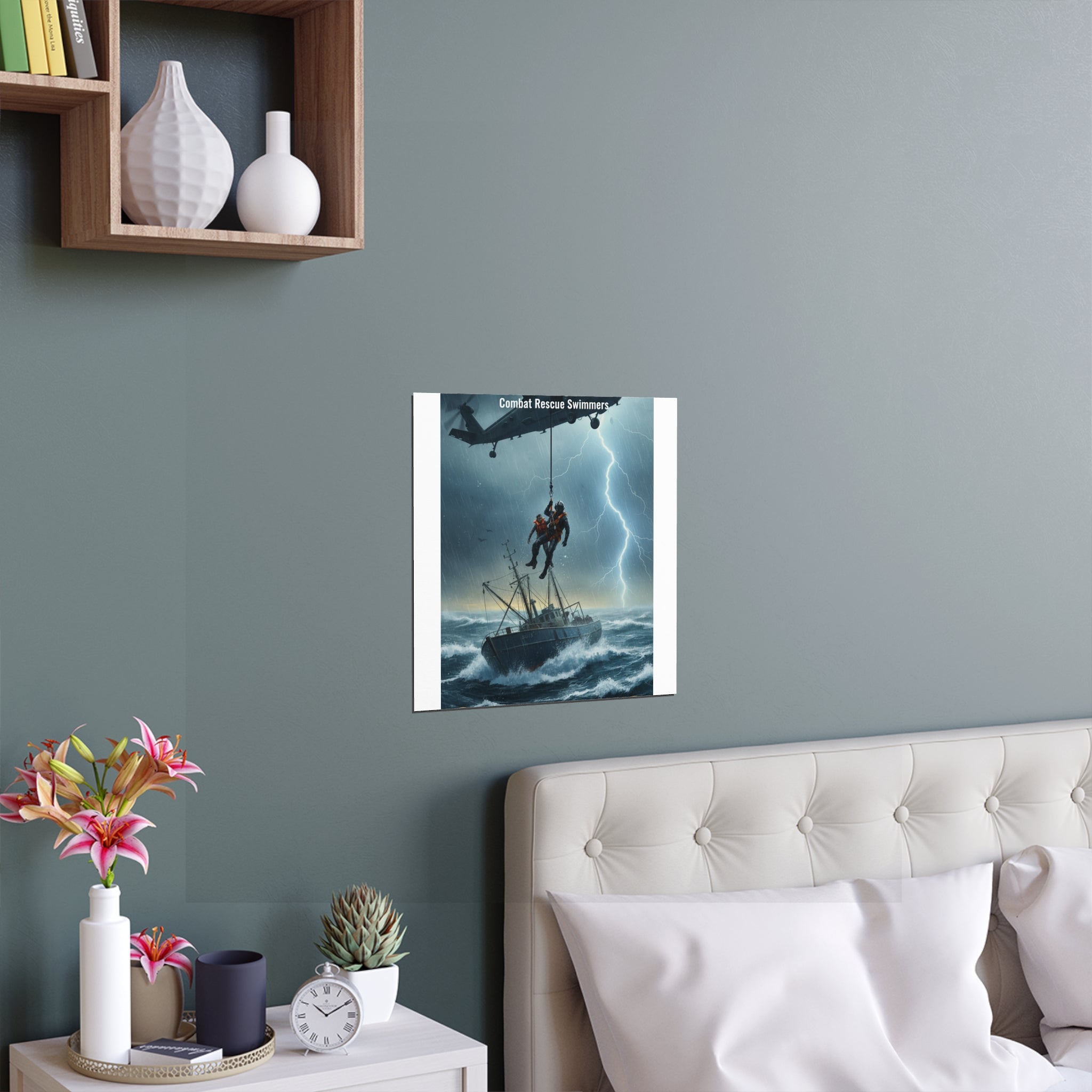 Rescue at Sea Silk Poster — Storm Helicopter Lifesaver Wall Art (Indoor/Outdoor)