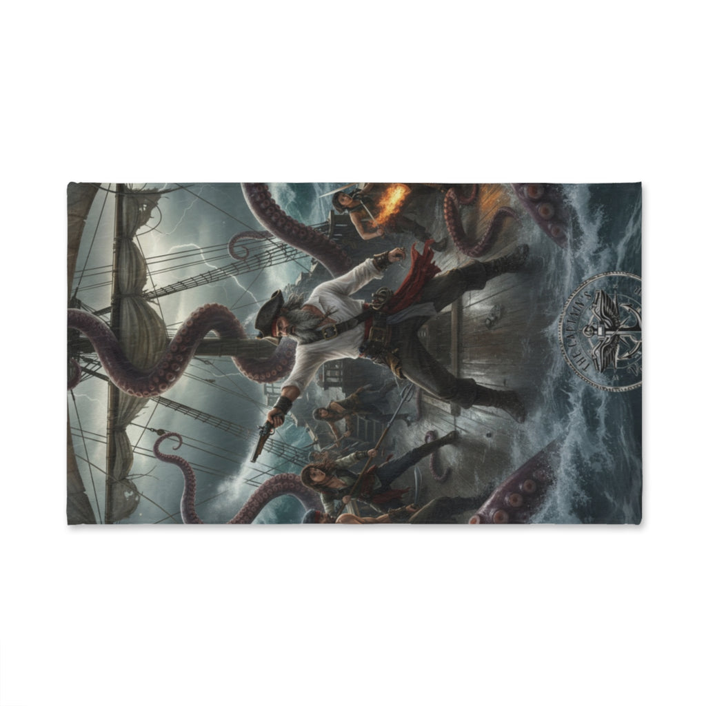 Pirate Kraken Battle Hand Towel — Nautical Pirate Ship Coastal Decor
