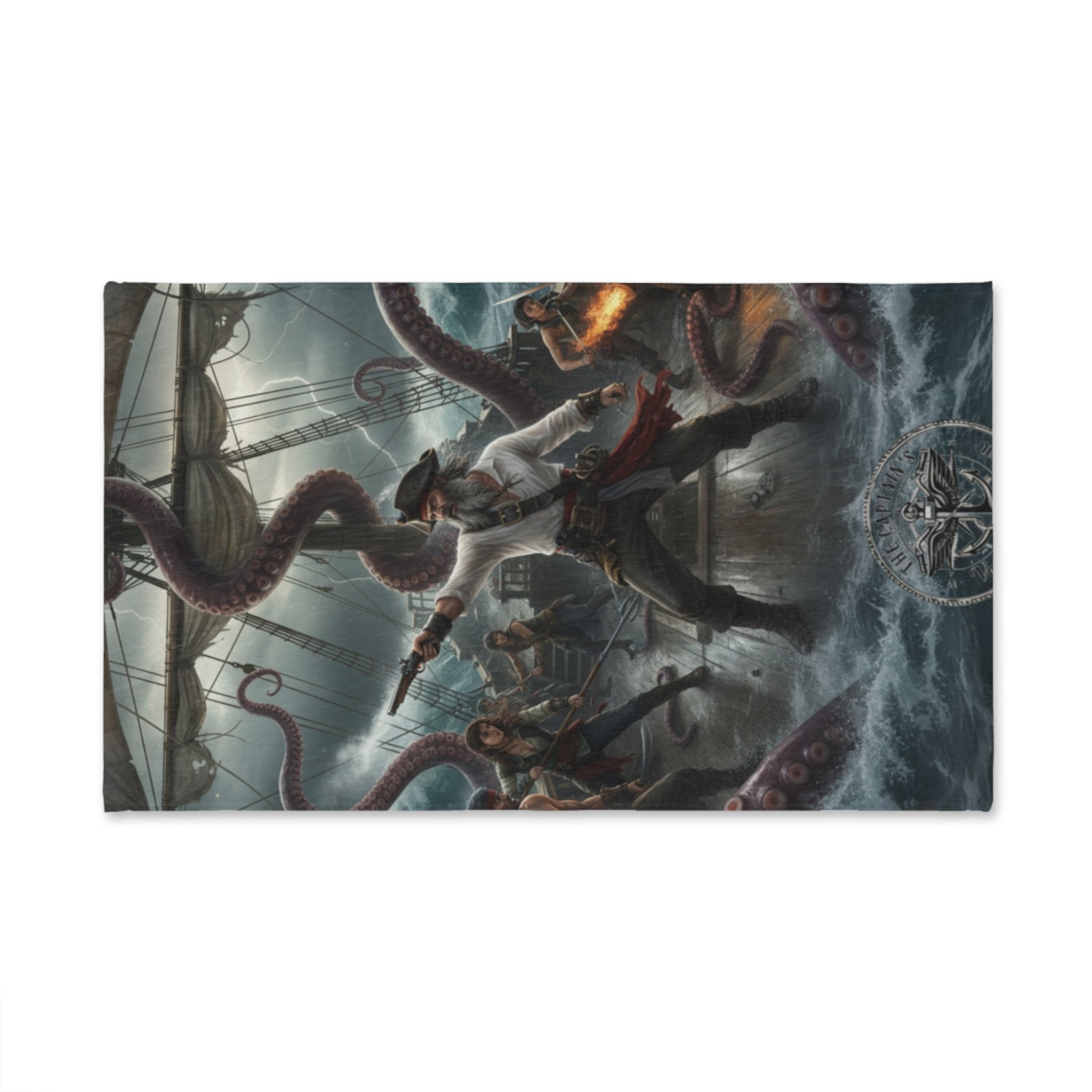 Pirate Kraken Battle Hand Towel — Nautical Pirate Ship Coastal Decor