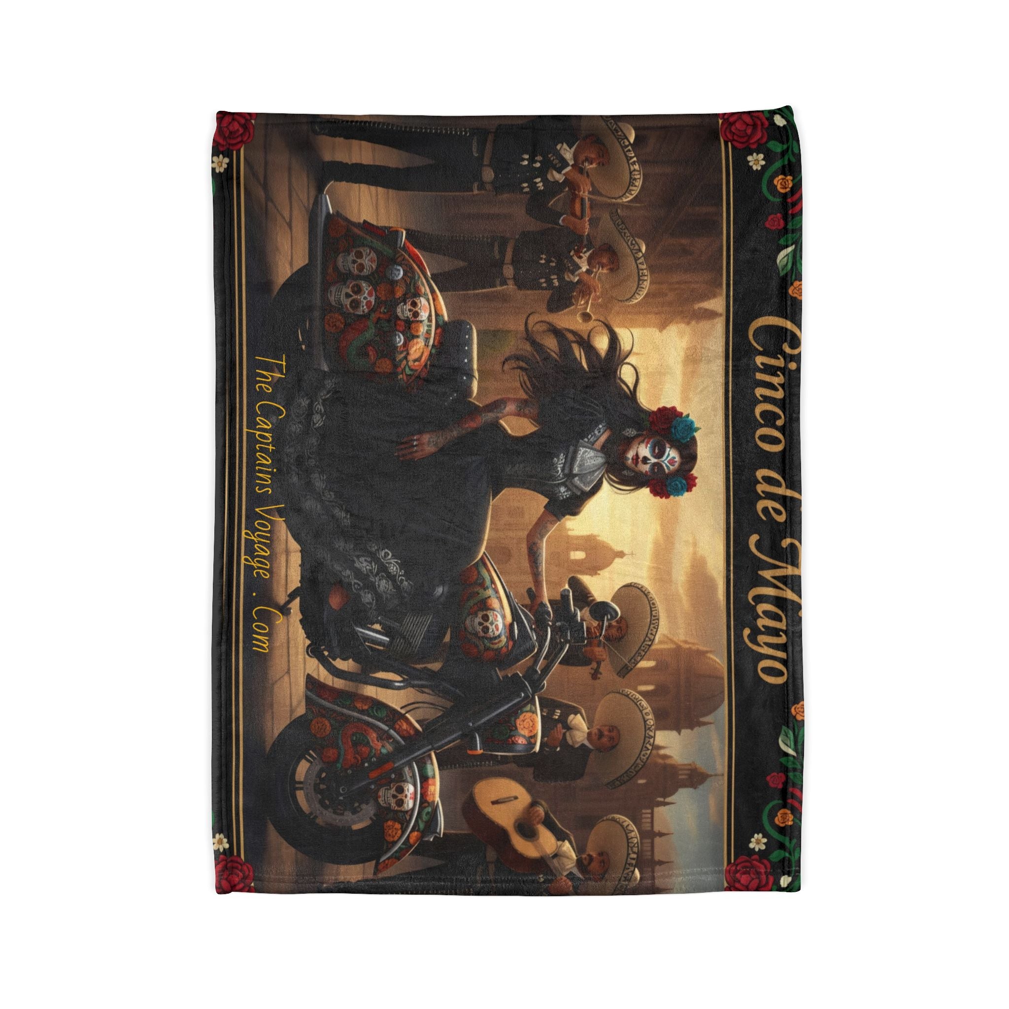 Cinco de Mayo Day of the Dead Motorcycle Blanket — Sugar Skull Rider & Mariachi Design