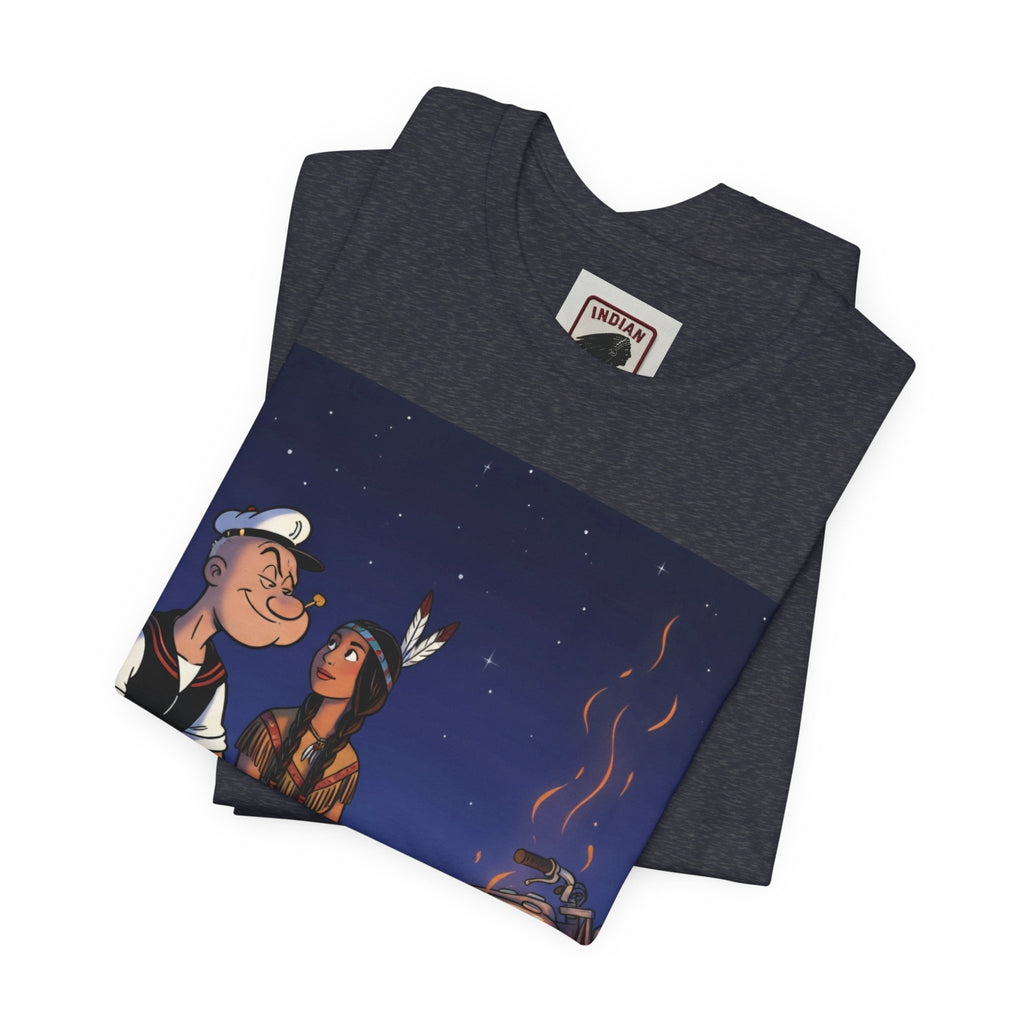 Popeye & Olive Adventure Tee — Vintage Motorcycle Campfire Graphic T-Shirt