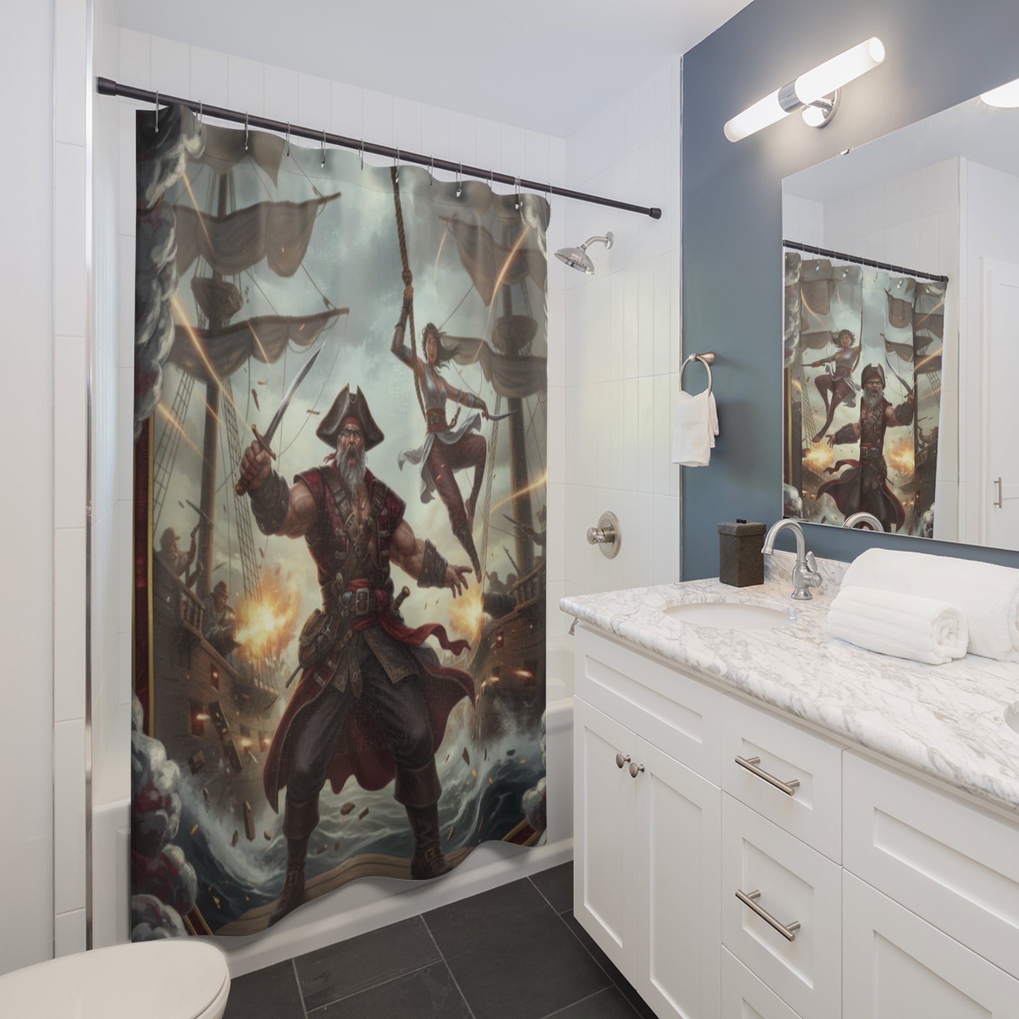 Pirate Battle Shower Curtain — Vintage Sea Captain & Swashbuckler Nautical Bathroom Decor
