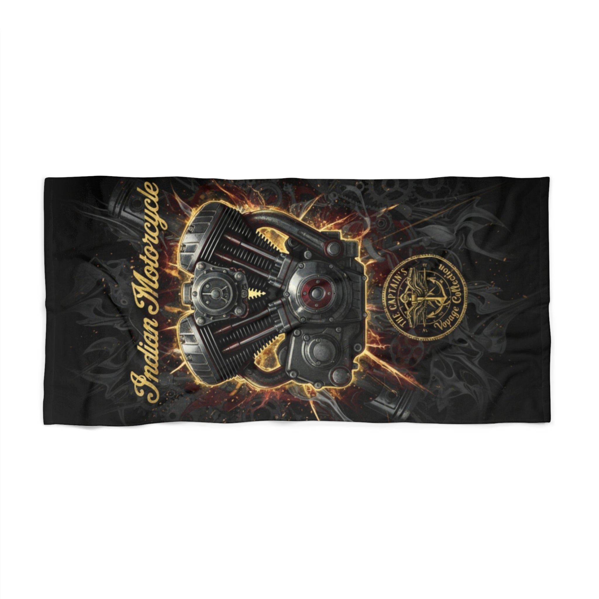 Indian Motorcycle Engine Beach Towel — Retro Biker Skull & V-Twin Design
