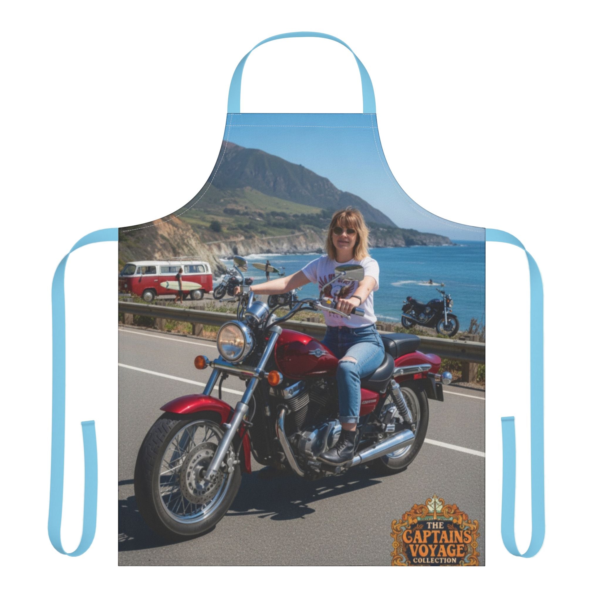 Custom Motorcycle Photo Apron — Personalized Biker Cook Apron with Scenic Ride Print