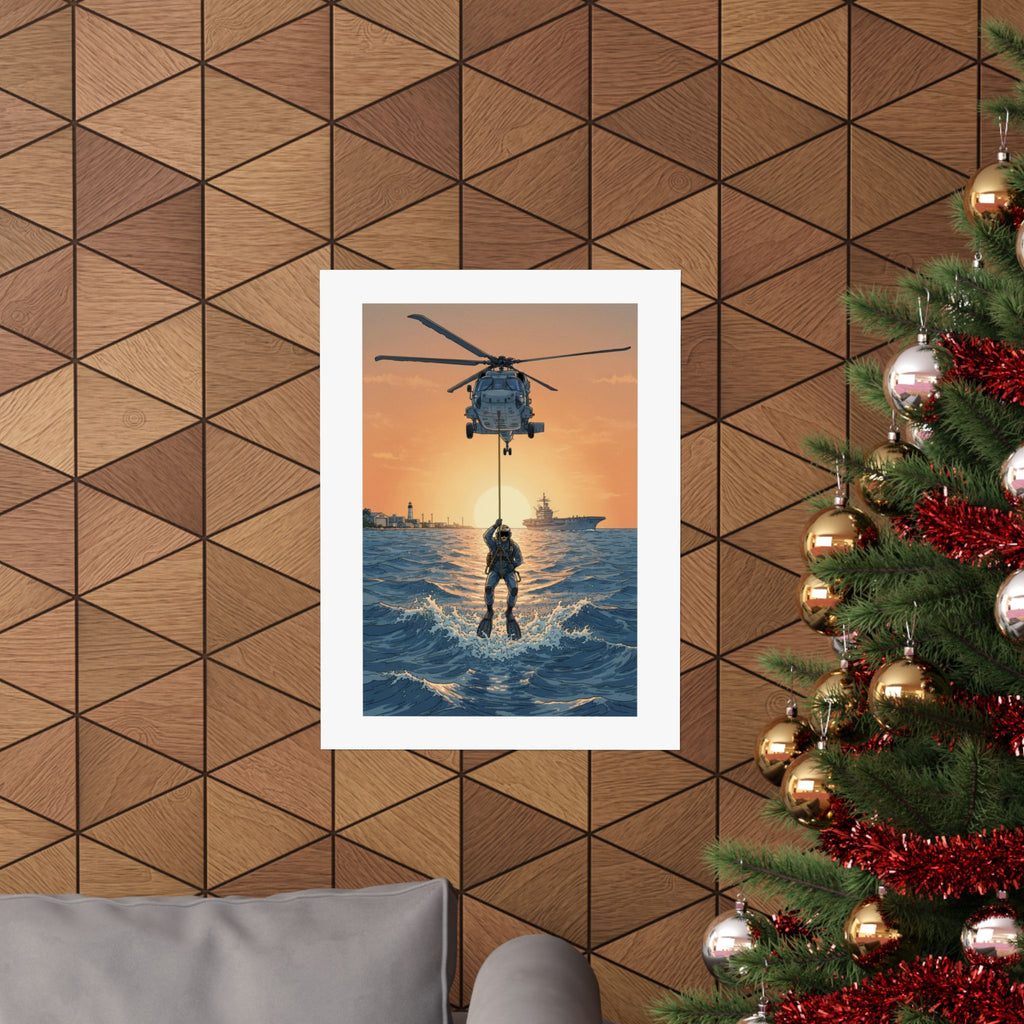 Matte Poster — Navy Rescue Helicopter at Sunset (Vertical)