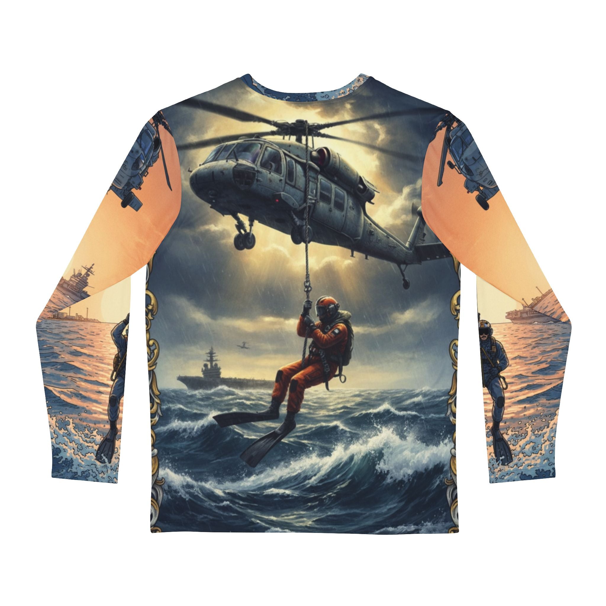 Pensacola Navy Rescue Long Sleeve Shirt — US Navy Helicopter & Sailor Graphic