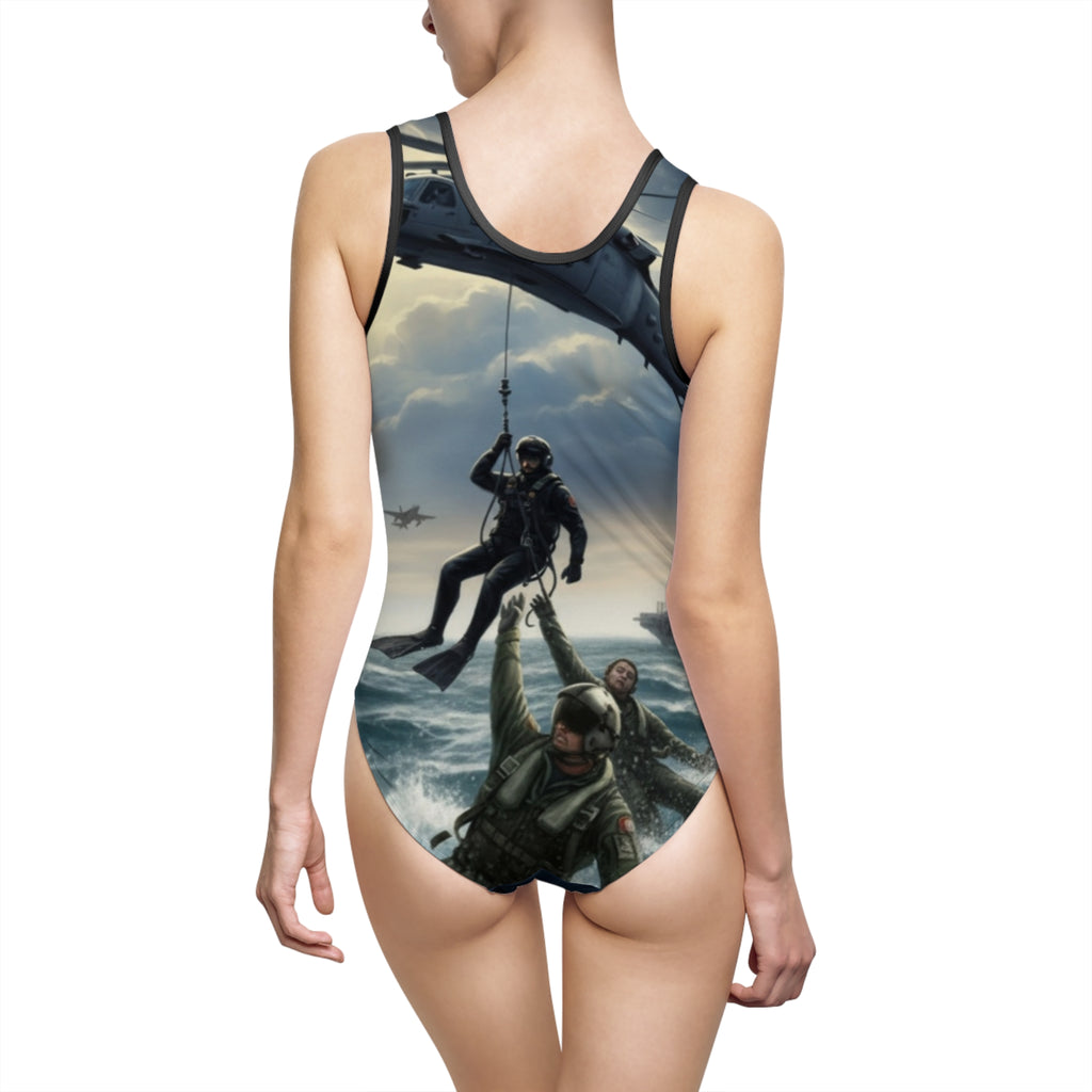 Military Rescue One-Piece Swimsuit — Combat Helicopter & Paratrooper Beachwear