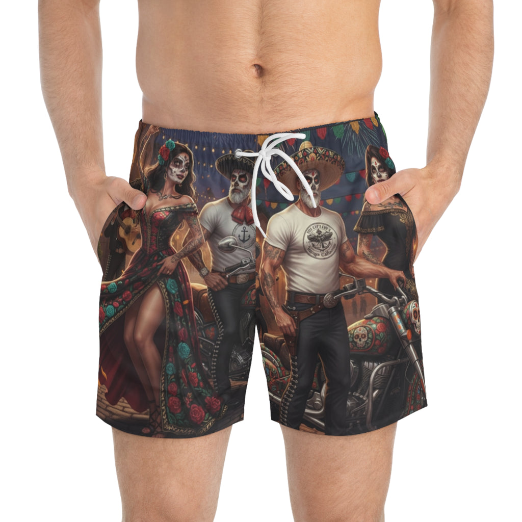 Day of the Dead Motorcycle Swim Trunks — Sugar Skull Biker All-Over Print