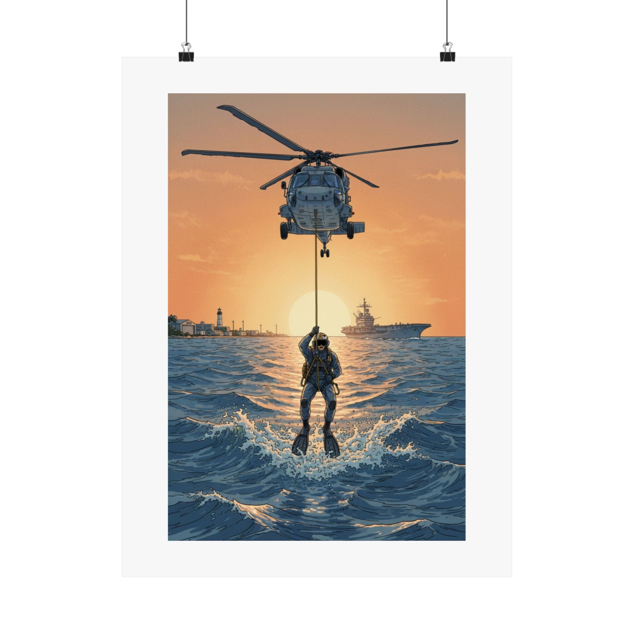 Matte Poster — Navy Rescue Helicopter at Sunset (Vertical)