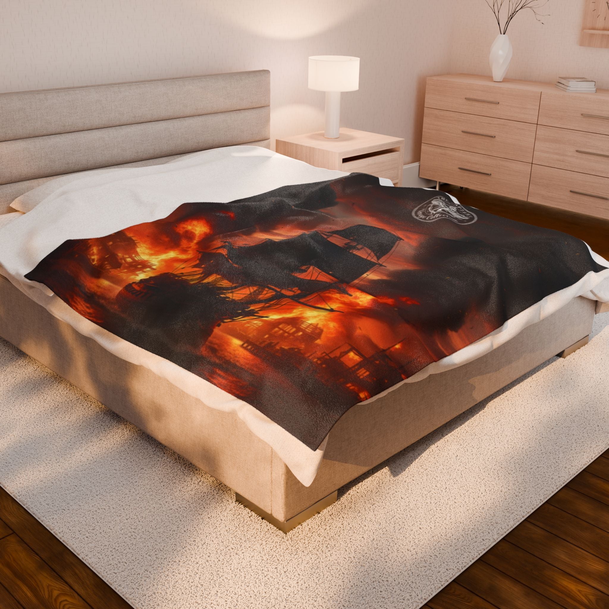 Pirate Ship on Fire Velveteen Plush Blanket — Dramatic Nautical Throw for Cozy Nights