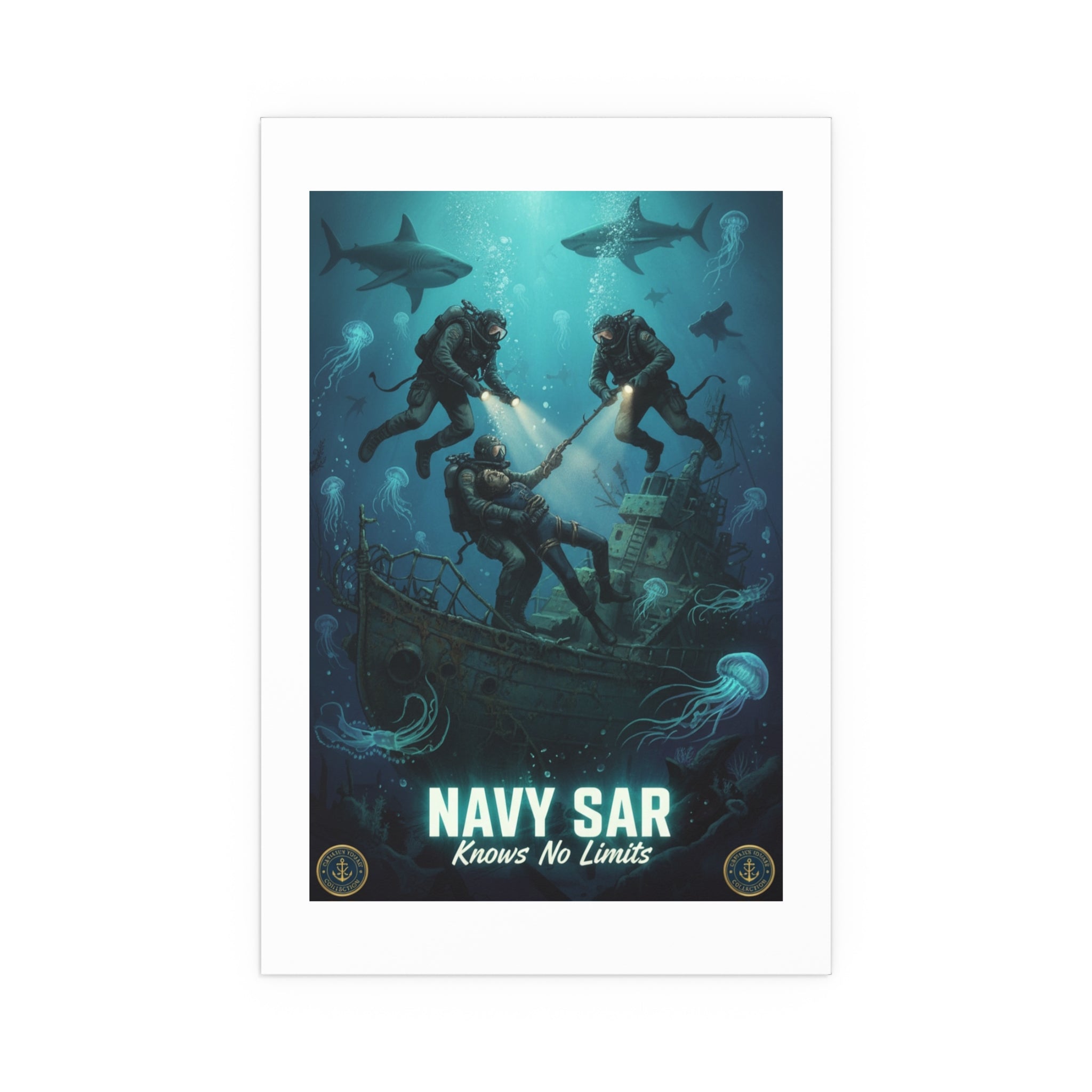 Navy SAR Silk Poster — 'Knows No Limits' Underwater Diver Rescue Art