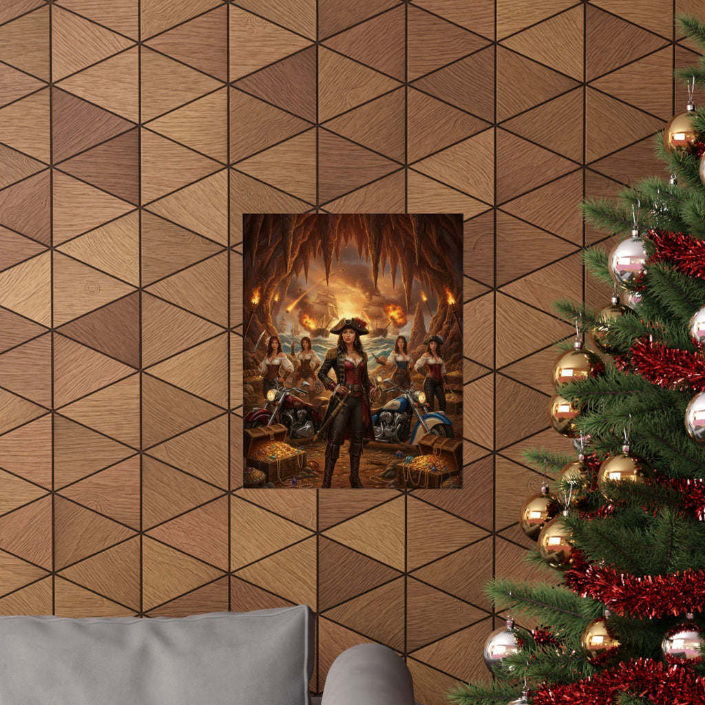 Pirate Queen Matte Poster — Fantasy Biker Treasure Cave Wall Art