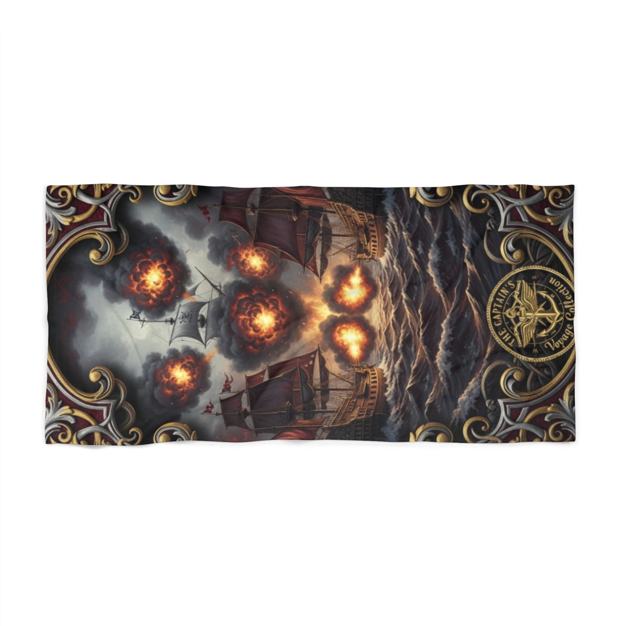 Pirate Armada Beach Towel — Flaming Cannonball Ship Skull Design