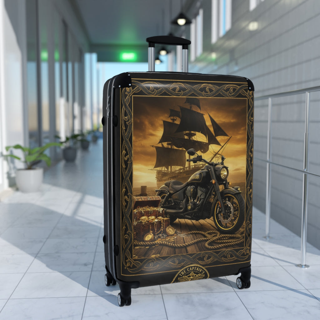 Vintage Pirate Ship & Motorcycle Suitcase – Travel Carry-On with Nautical Adventure Design