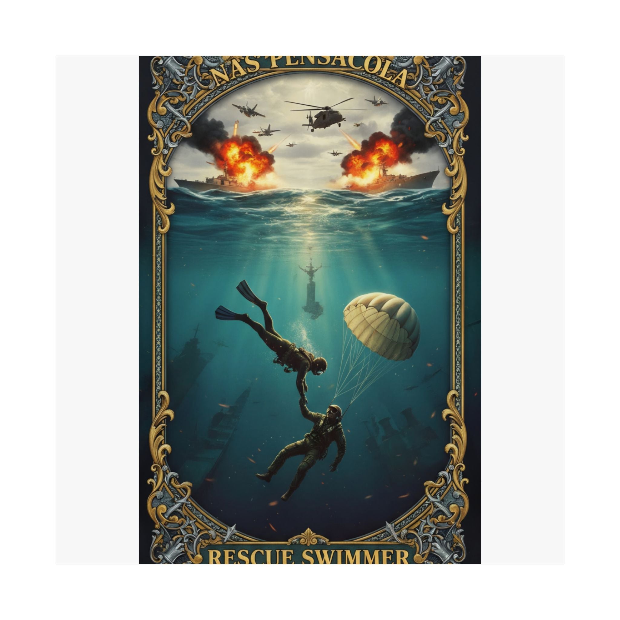 Rescue Swimmer Matte Vertical Poster — NAS Pensacola Military Aviation & Sea Rescue Art