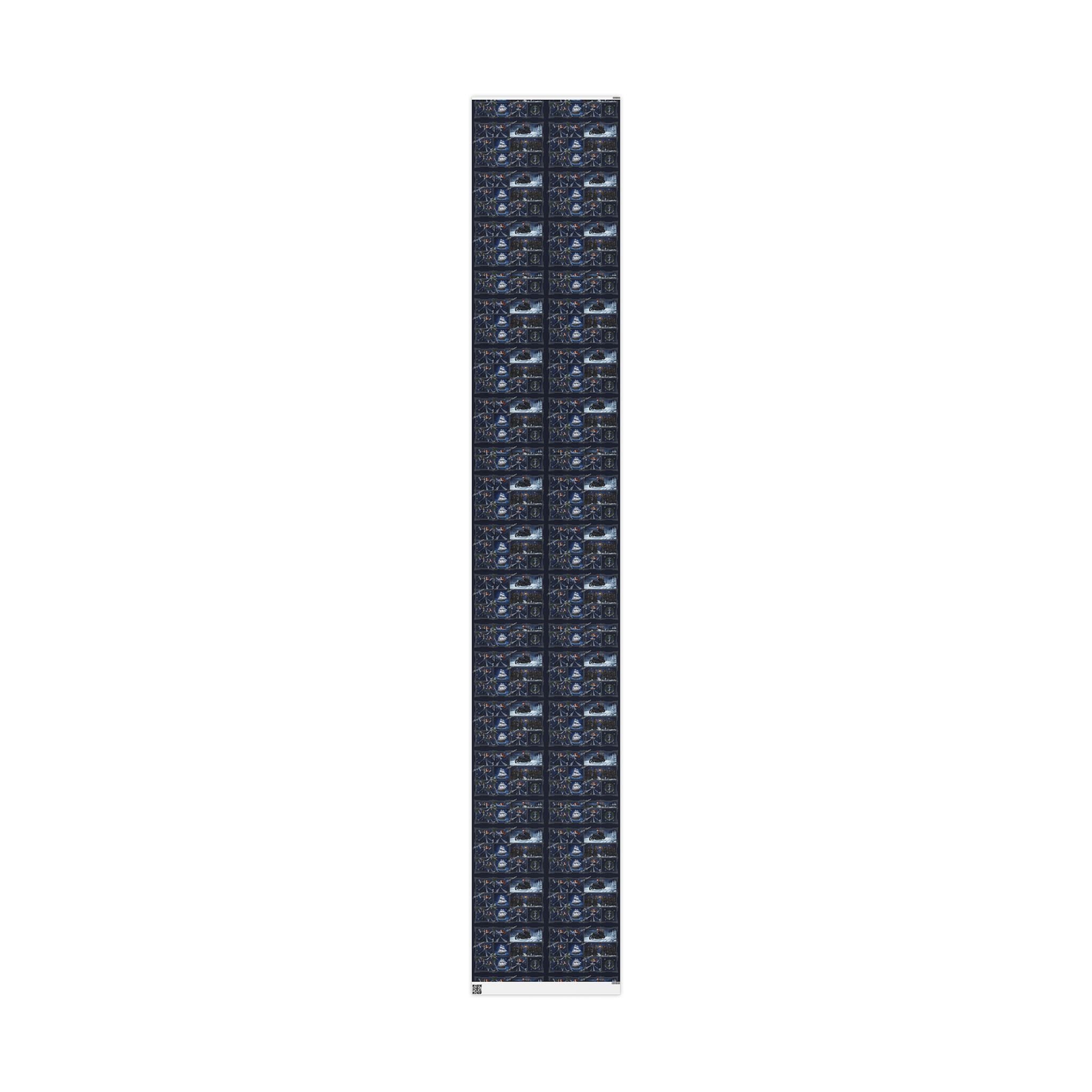 Wrapping Paper - Festive Navy Holiday Scene Gift Wrap (Snow, Sleigh, Night Sky)