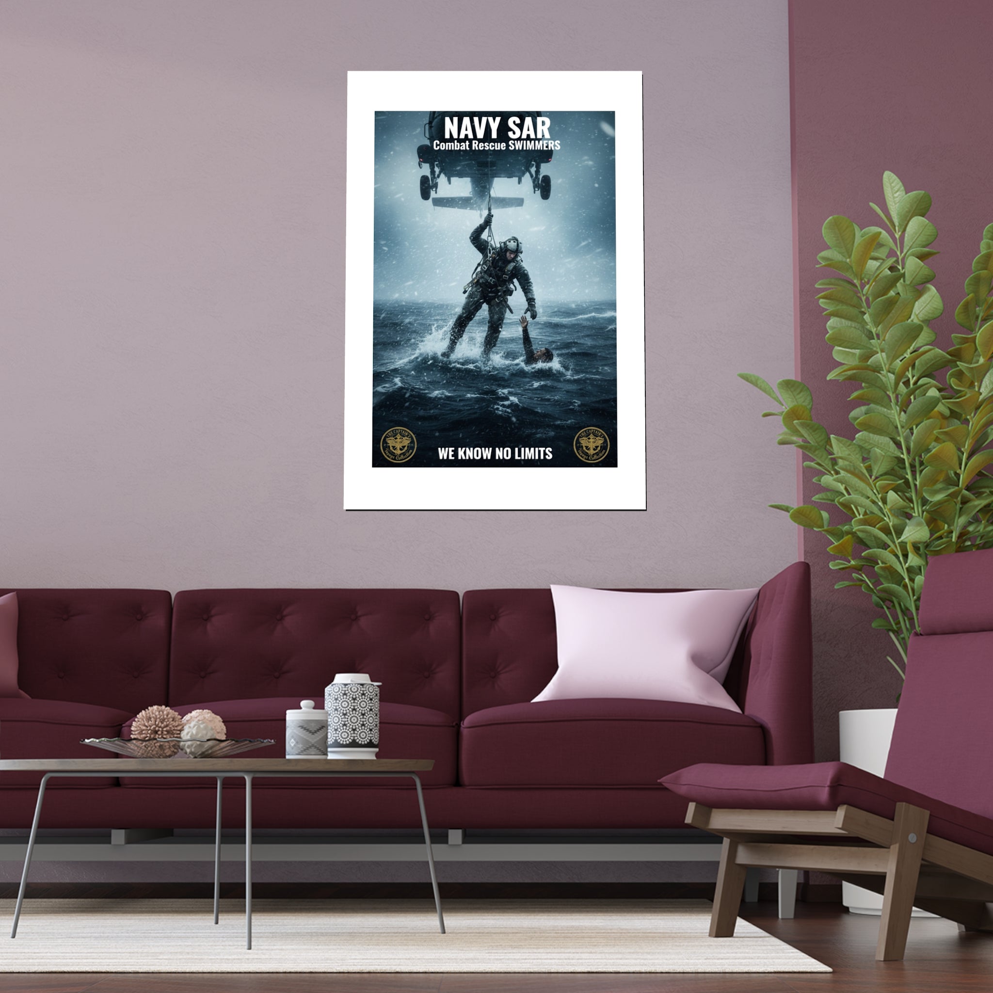 Rescue Diver Silk Poster – Dramatic Sea & Helicopter Wall Art (Indoor/Outdoor)