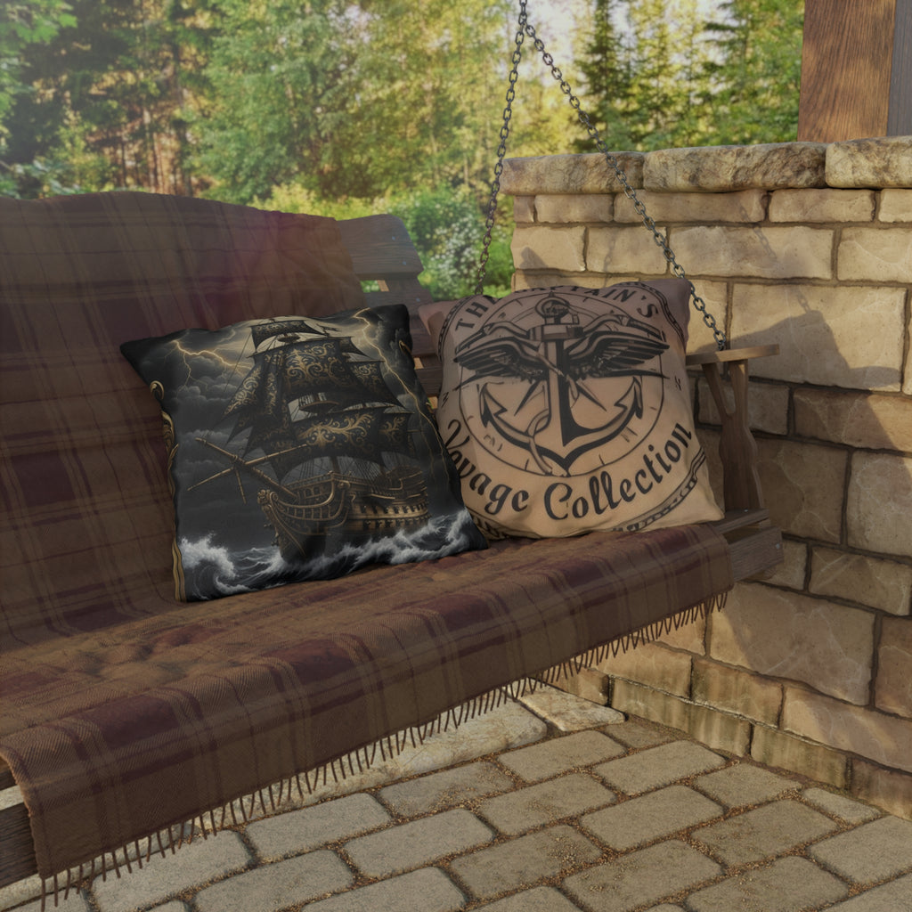 Nautical Black Pirate Ship Outdoor Pillow - "The Captain's Voyage Collection" Accent Cushion