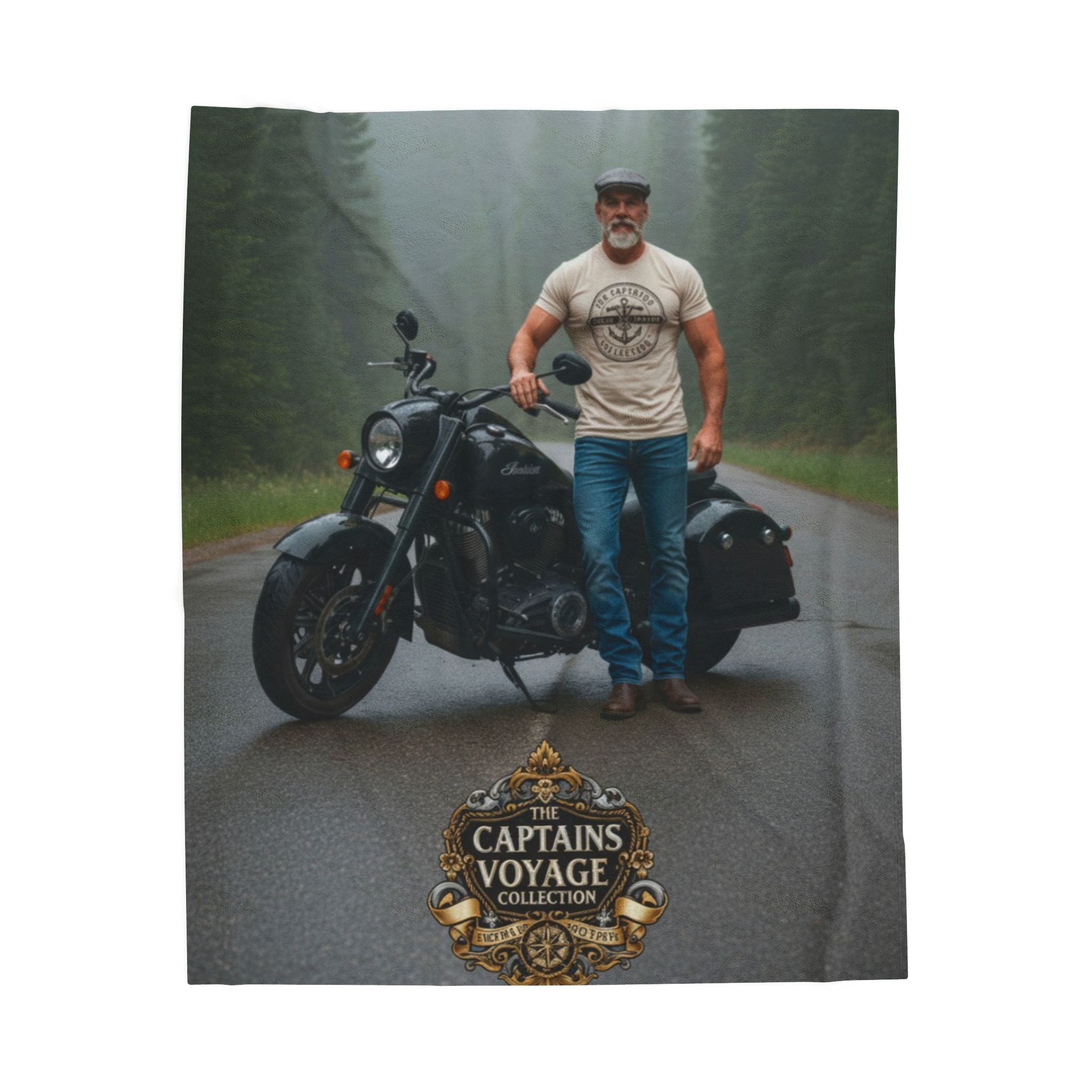 Motorcycle Rider Velveteen Plush Blanket – "The Captain's Voyage" Logo