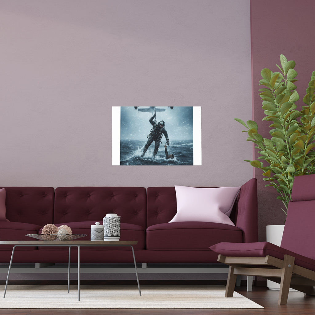 Rescue Diver Silk Poster – Dramatic Sea & Helicopter Wall Art (Indoor/Outdoor)