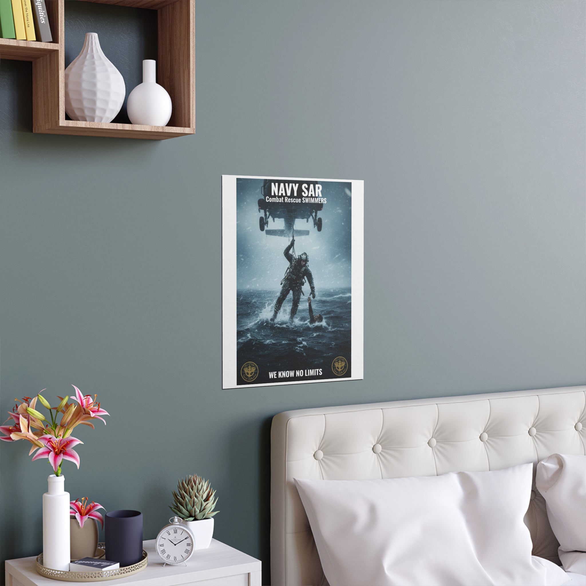 Rescue Diver Silk Poster – Dramatic Sea & Helicopter Wall Art (Indoor/Outdoor)