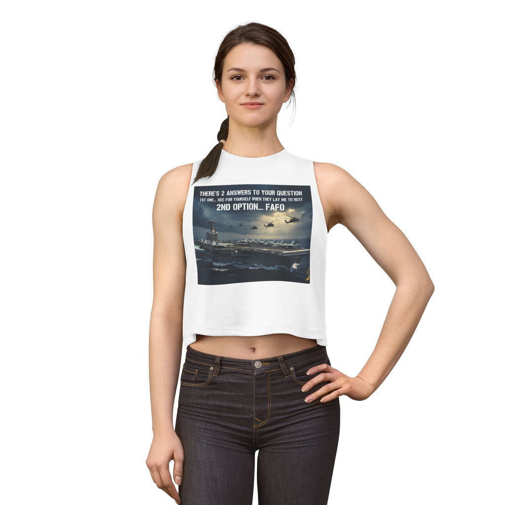 Women’s Crop Top – Military Aircraft Carrier Graphic with “2nd Option…F A F O” Text