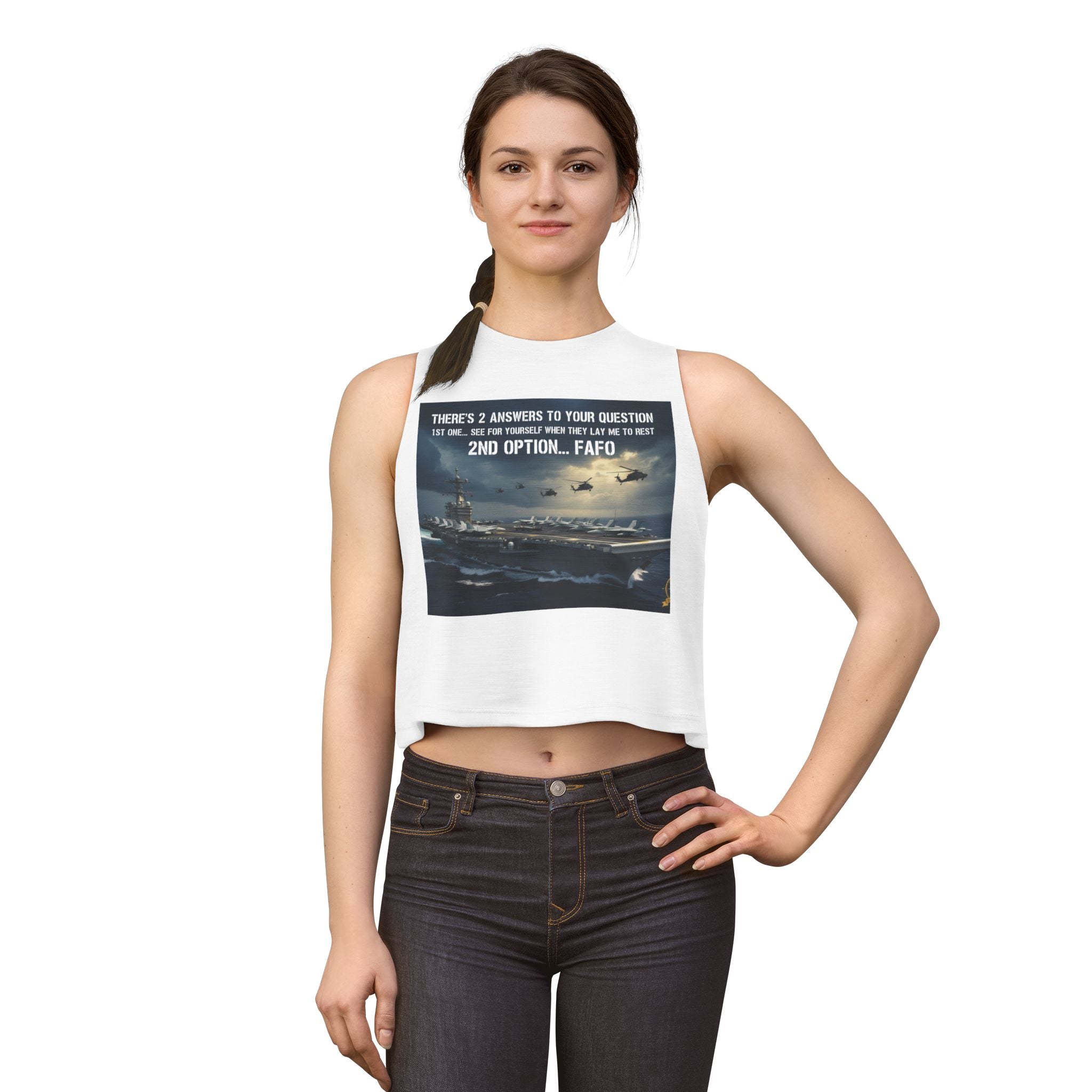 Women’s Crop Top – Military Aircraft Carrier Graphic with “2nd Option…F A F O” Text