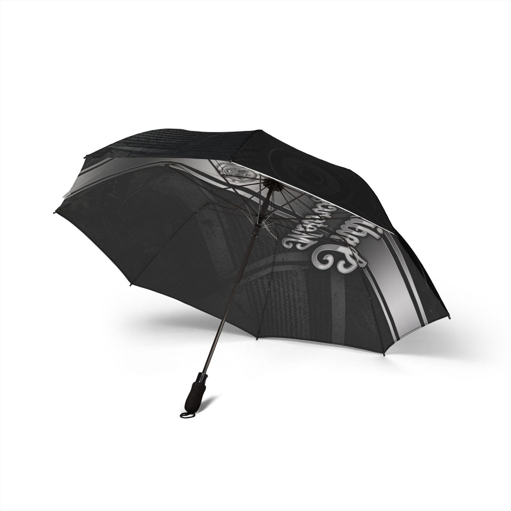 Foldable Umbrella — Classic Black Racing Stripe with Script Accent