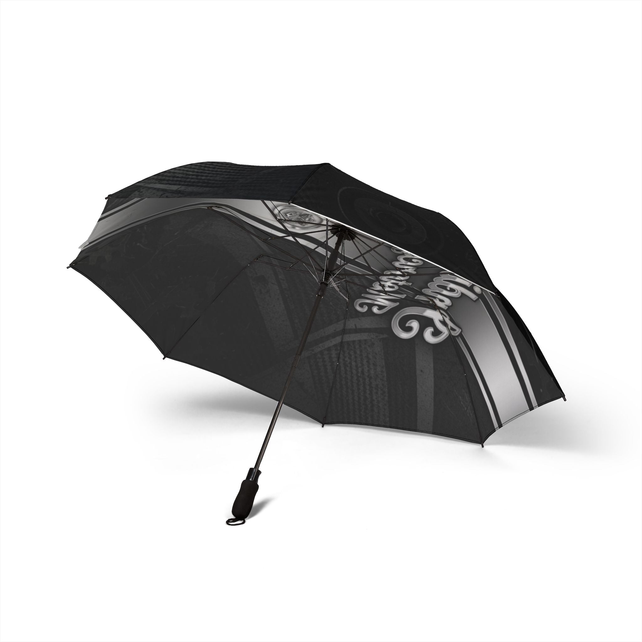Foldable Umbrella — Classic Black Racing Stripe with Script Accent