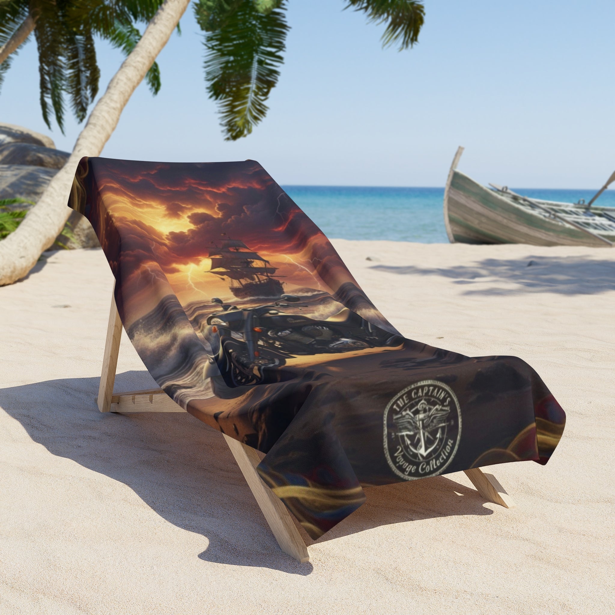 Biker Pirate Ship Beach Towel — Motorcycle Skull & Ship Sunset Coast Design