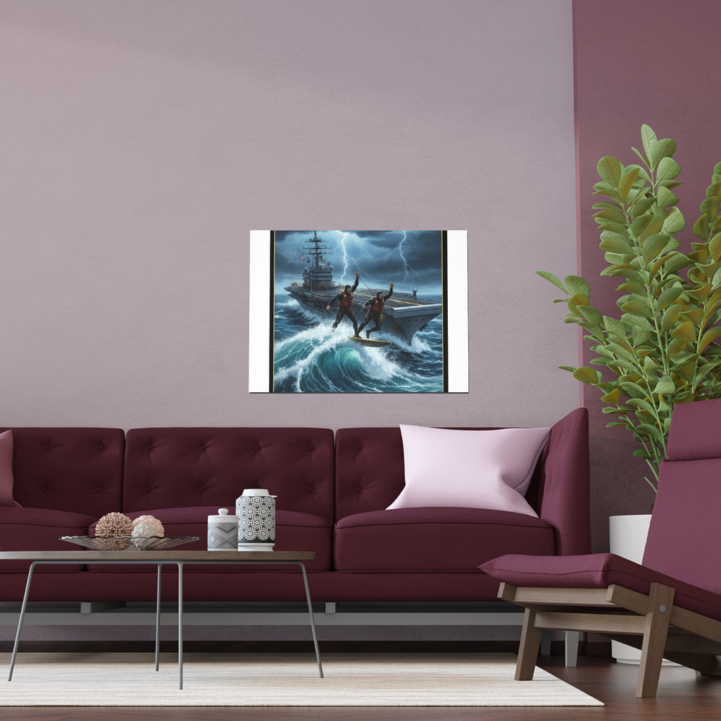 Navy Storm Surfing Silk Poster — Military Aircraft Carrier Art Print (Indoor/Outdoor)