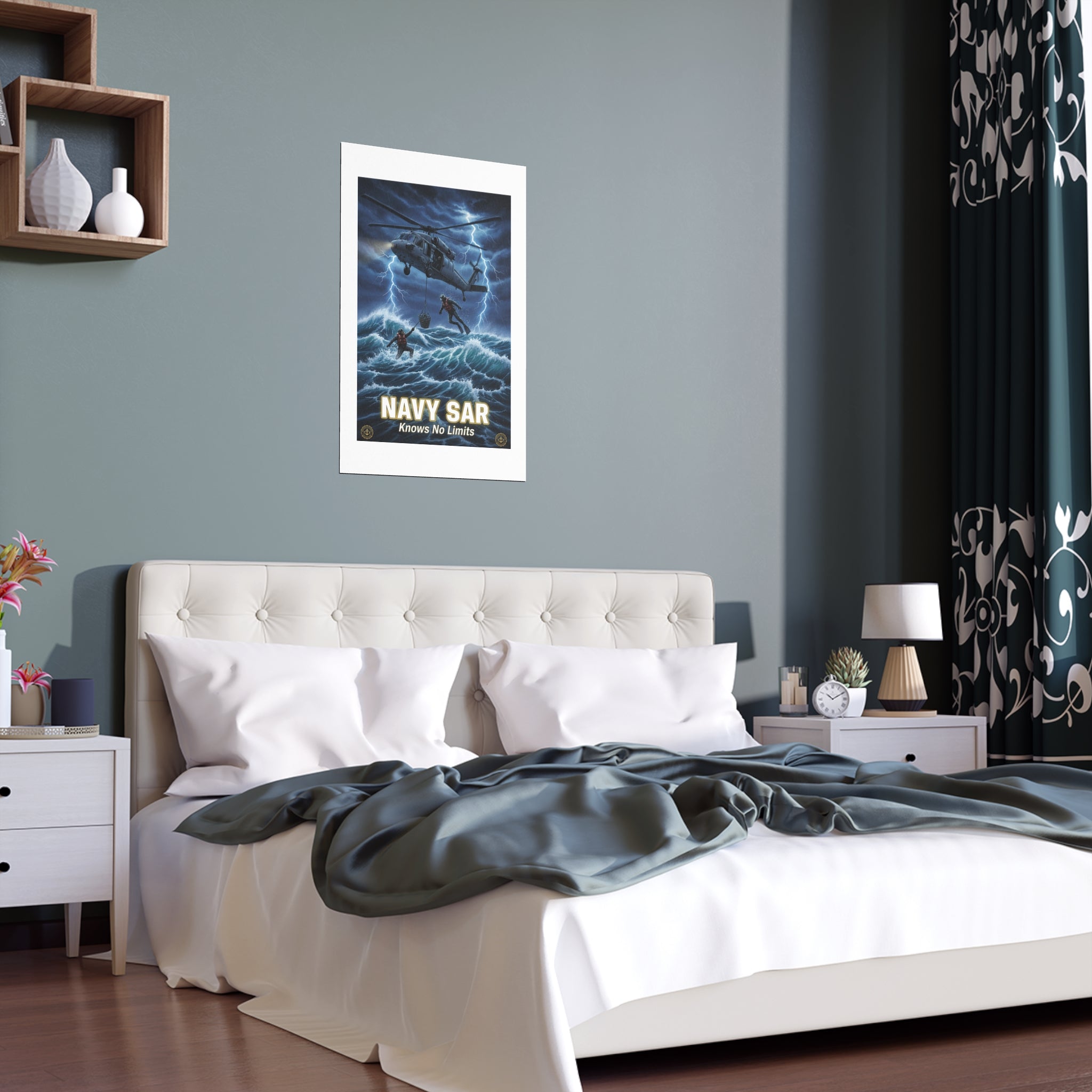 Navy SAR Silk Poster — "Knows No Limits" Rescue Helicopter Art (Indoor/Outdoor)