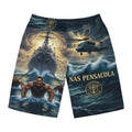 NAS Pensacola Navy Rescue Scene Board Shorts — Military Helicopter & Ship All-Over Print