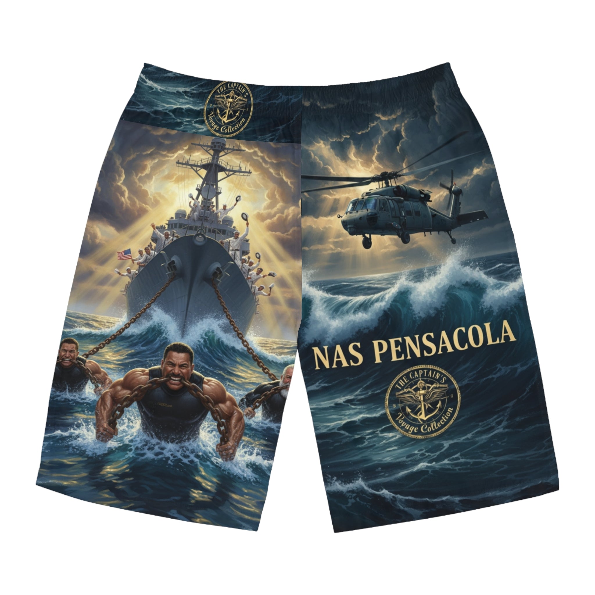 NAS Pensacola Navy Rescue Scene Board Shorts — Military Helicopter & Ship All-Over Print