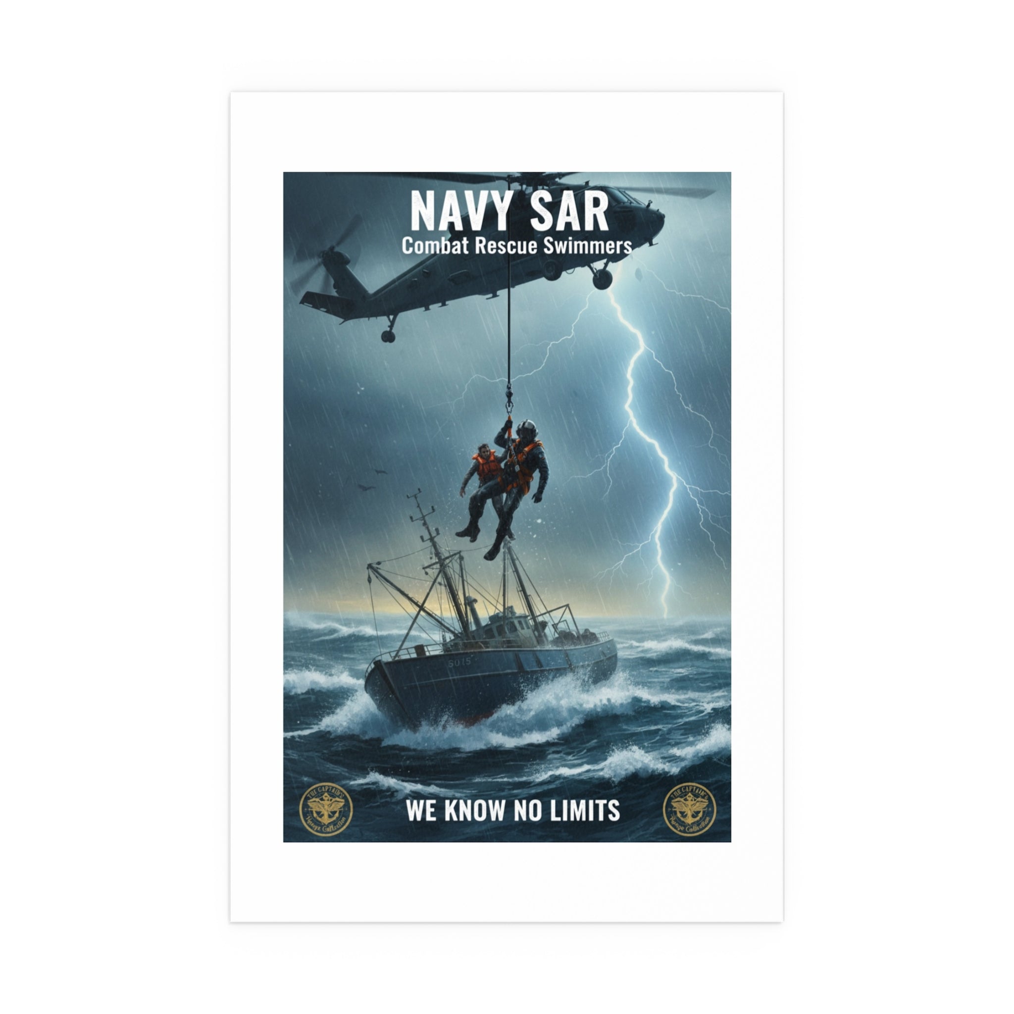 Rescue at Sea Silk Poster — Storm Helicopter Lifesaver Wall Art (Indoor/Outdoor)