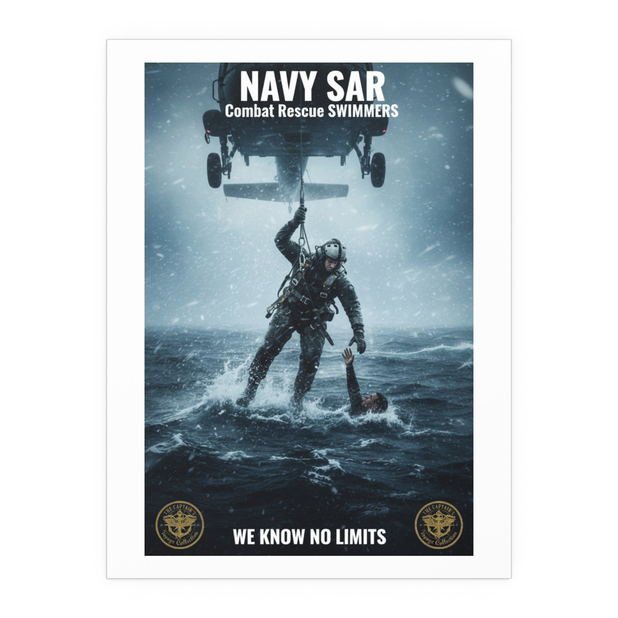 Rescue Diver Silk Poster – Dramatic Sea & Helicopter Wall Art (Indoor/Outdoor)