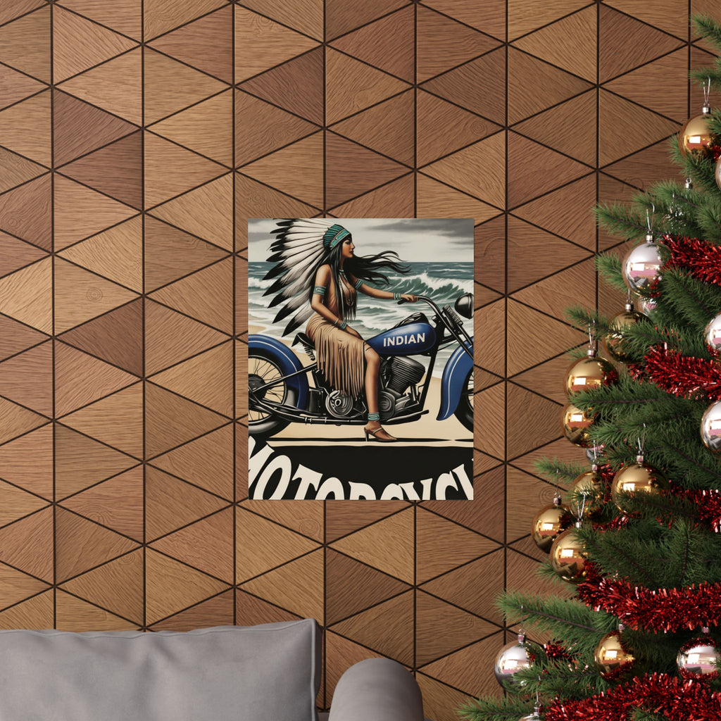 Vintage Motorcycle Poster — Native American Woman on Bike Matte Vertical Print