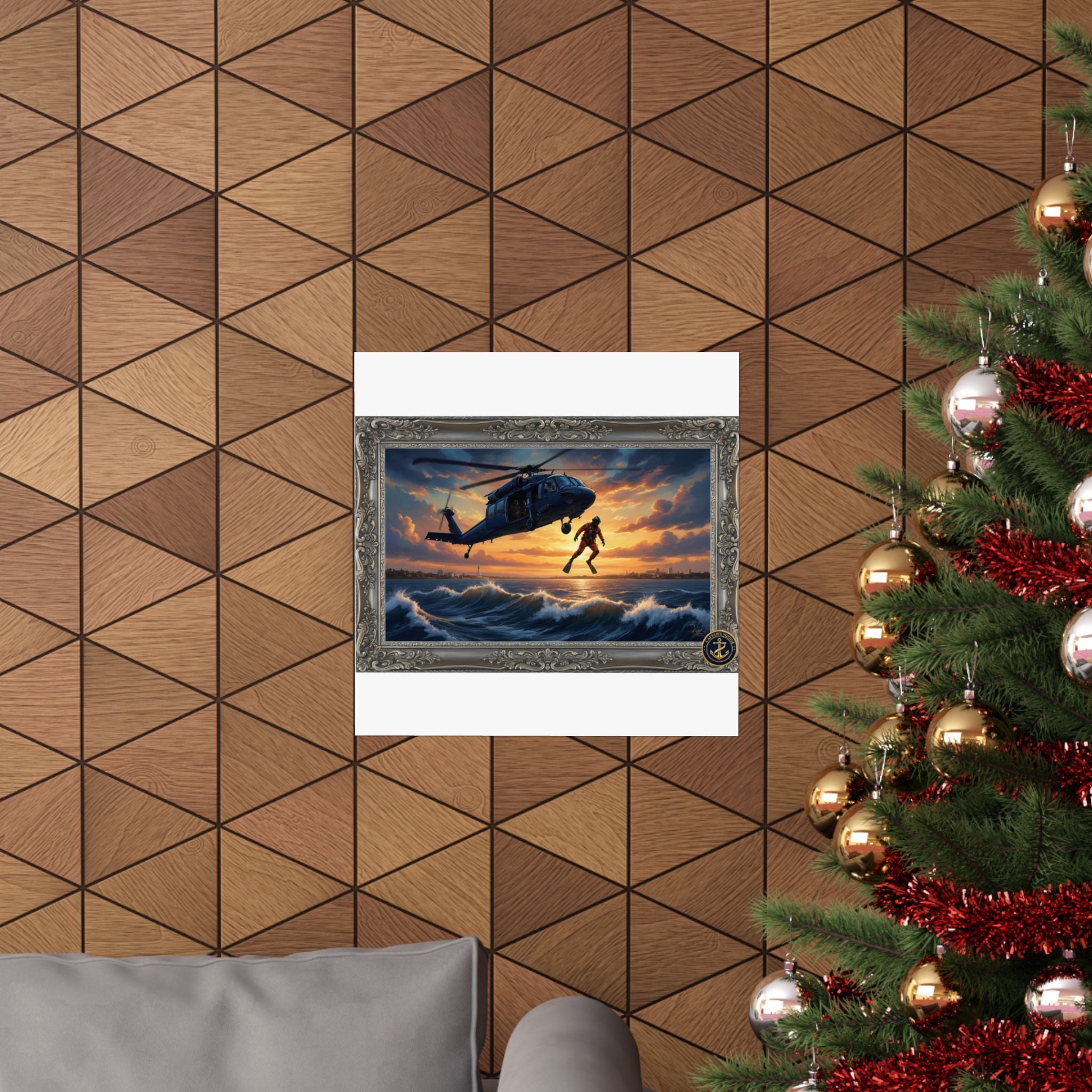 Rescue Helicopter Sunset Poster — Matte Vertical Aviation Wall Art