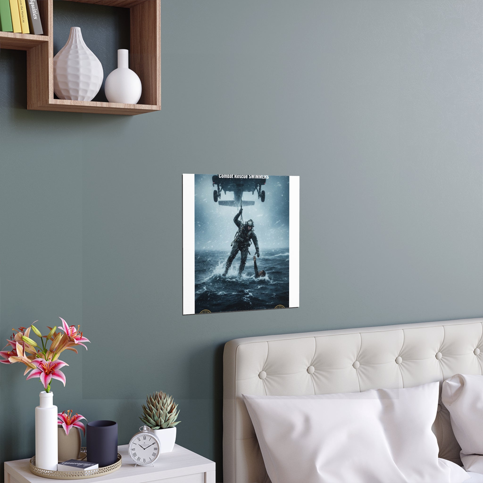 Rescue Diver Silk Poster – Dramatic Sea & Helicopter Wall Art (Indoor/Outdoor)