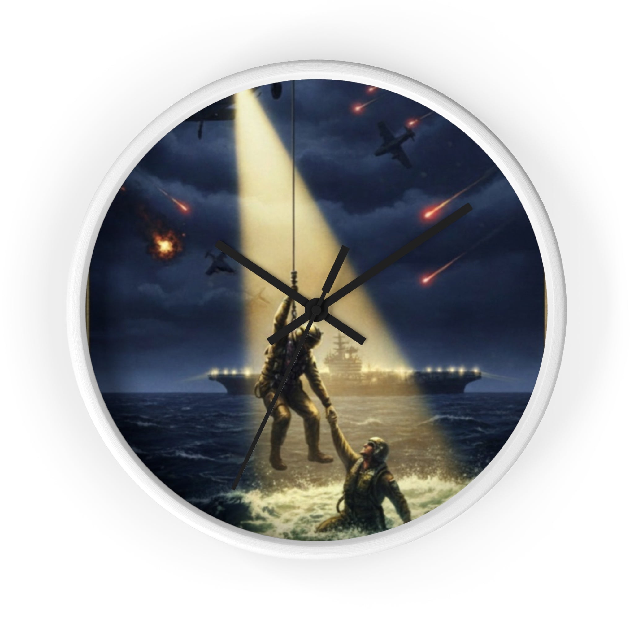Rescue at Dawn Wall Clock — Military Helicopter Sea Rescue Scene