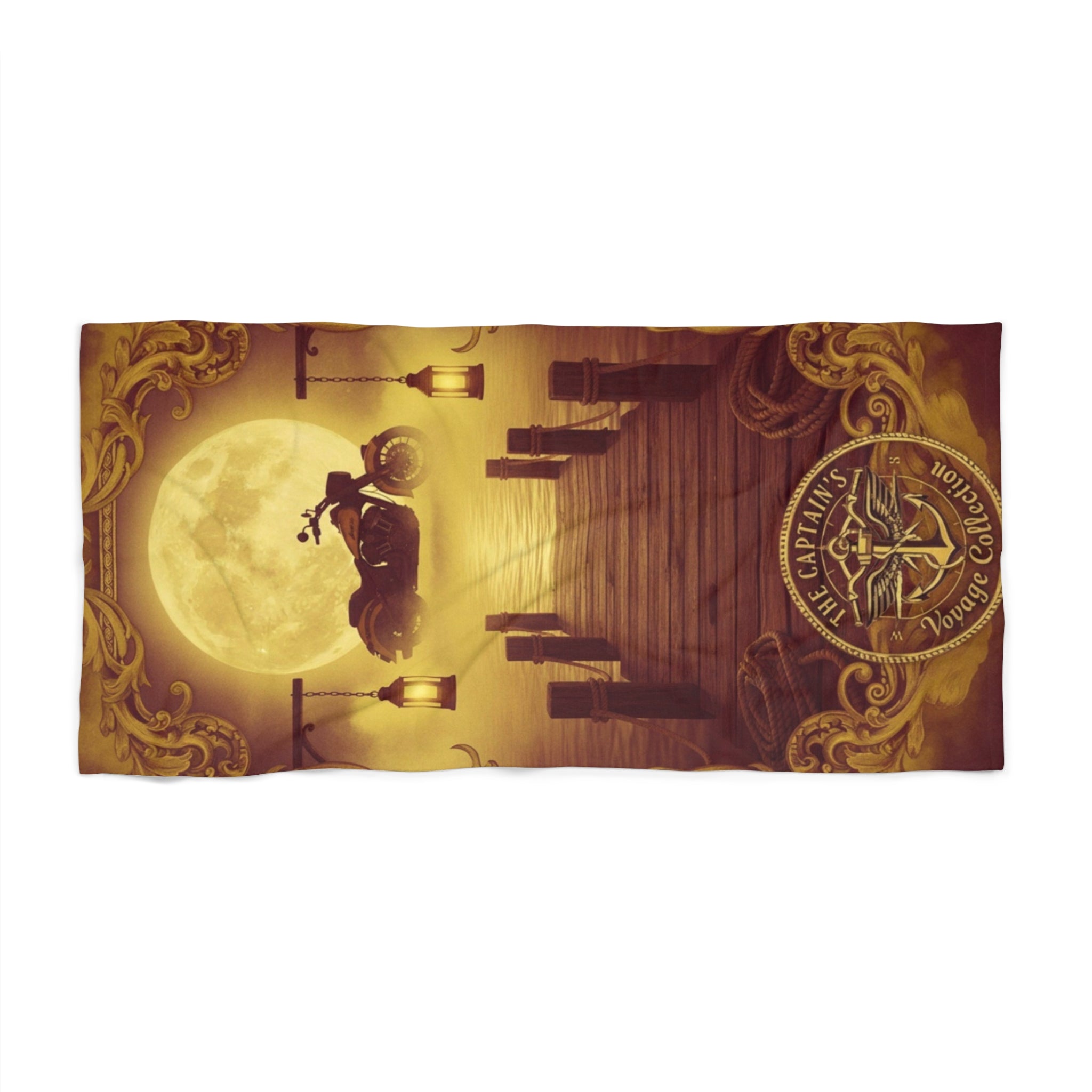 Vintage Moonlit Pier Beach Towel – Surfing Skeleton Nautical Design