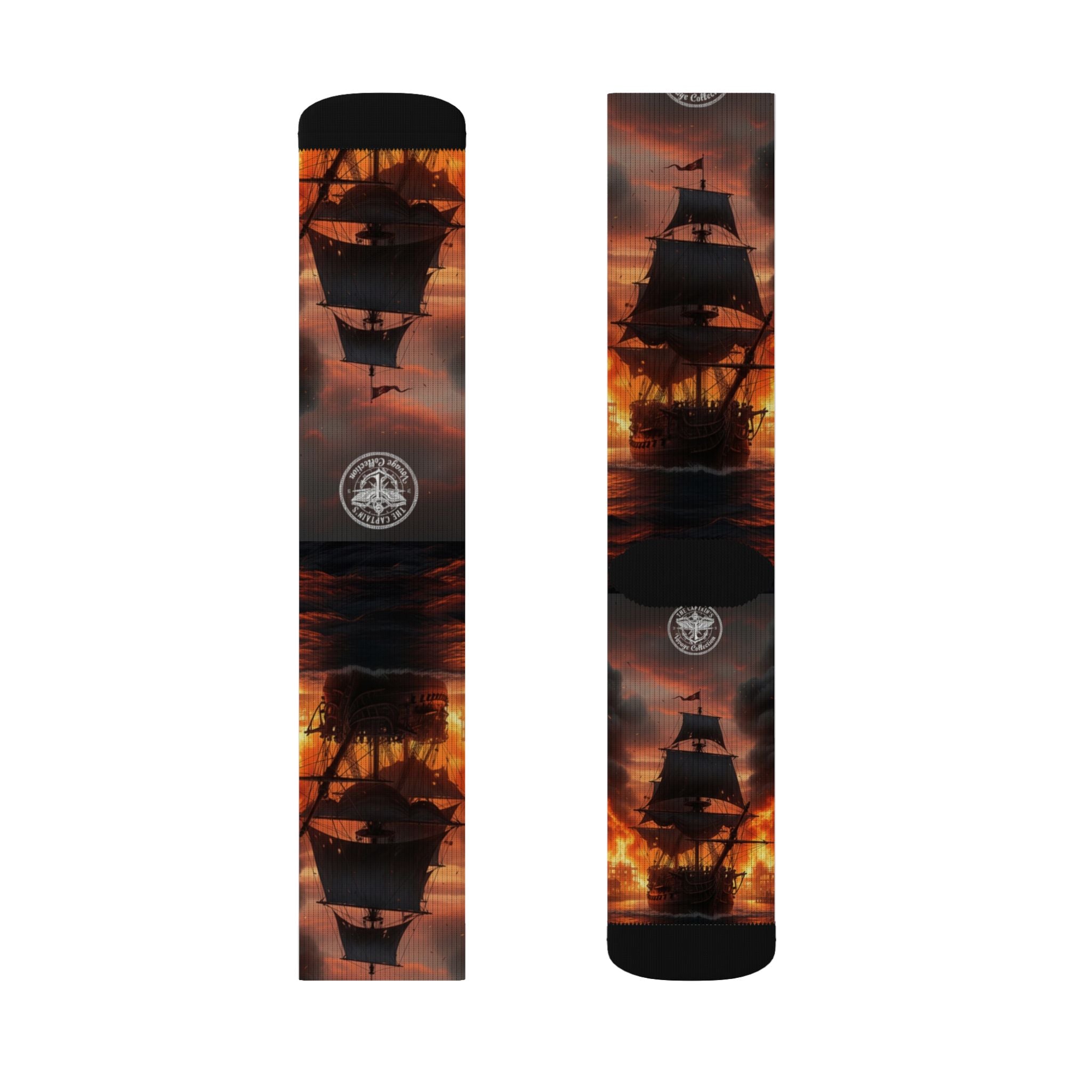 Pirate Ship Sunset Socks — Nautical Sailing Crew Socks with Dramatic Sunset Ship Silhouette