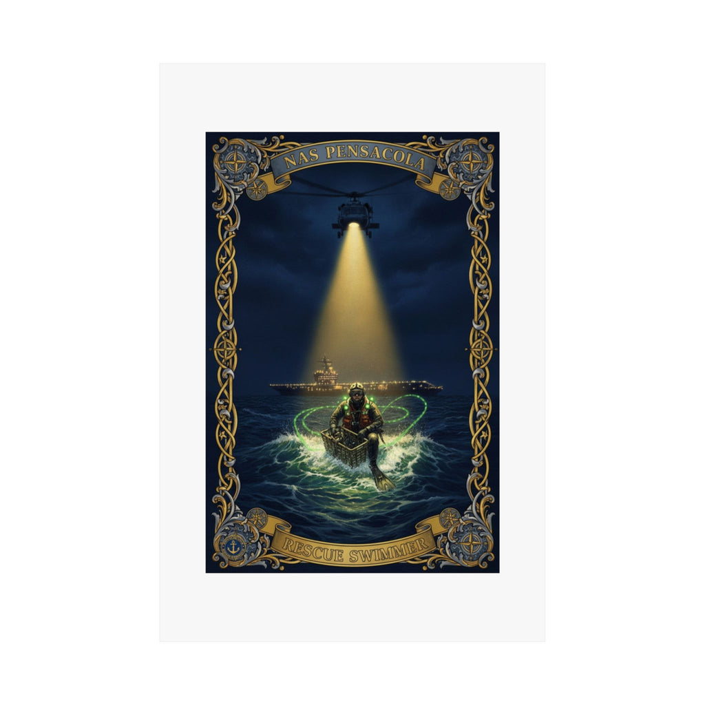 Nautical Rescue Matte Poster — Lighthouse Search & Shipwreck Scene