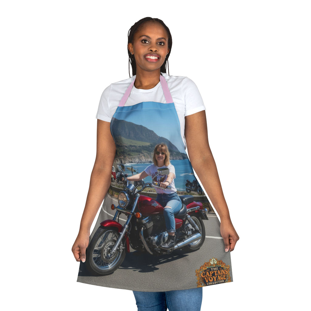 Custom Motorcycle Photo Apron — Personalized Biker Cook Apron with Scenic Ride Print