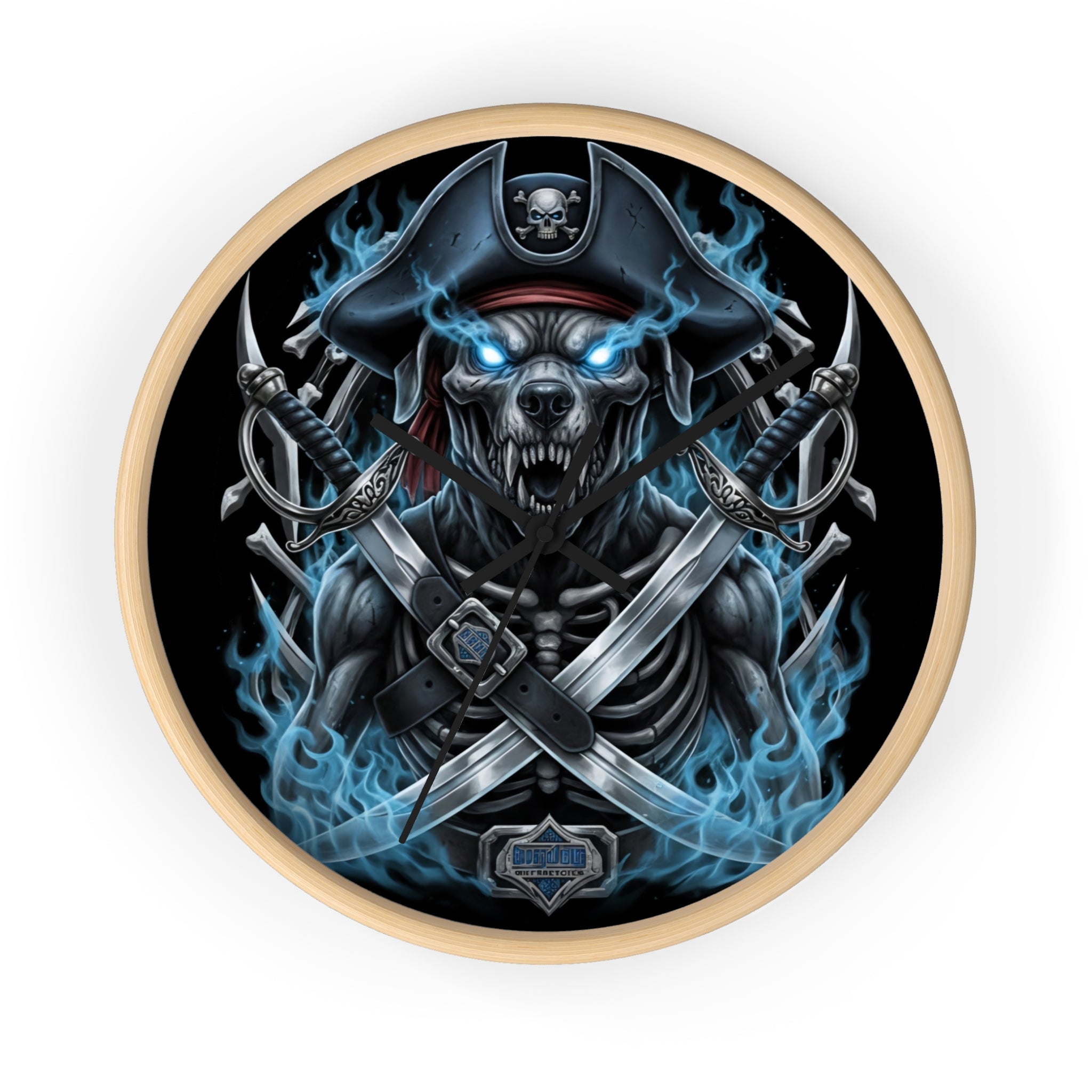 Pirate Skeleton Wall Clock — Blue Flame Skull Nautical Decor